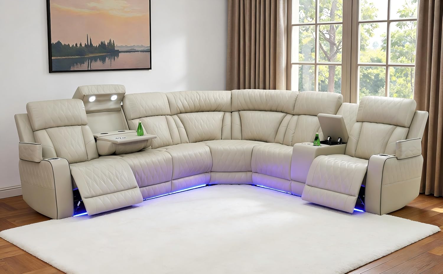 Power Reclining Sectional Sofa, L-Shaped Living Room Furniture Set, Light Brown Leather Recliner Sofa, Reclining Sectional Couch with LED/Storage Console/Cup Holder/USB/Type C for Office/Home