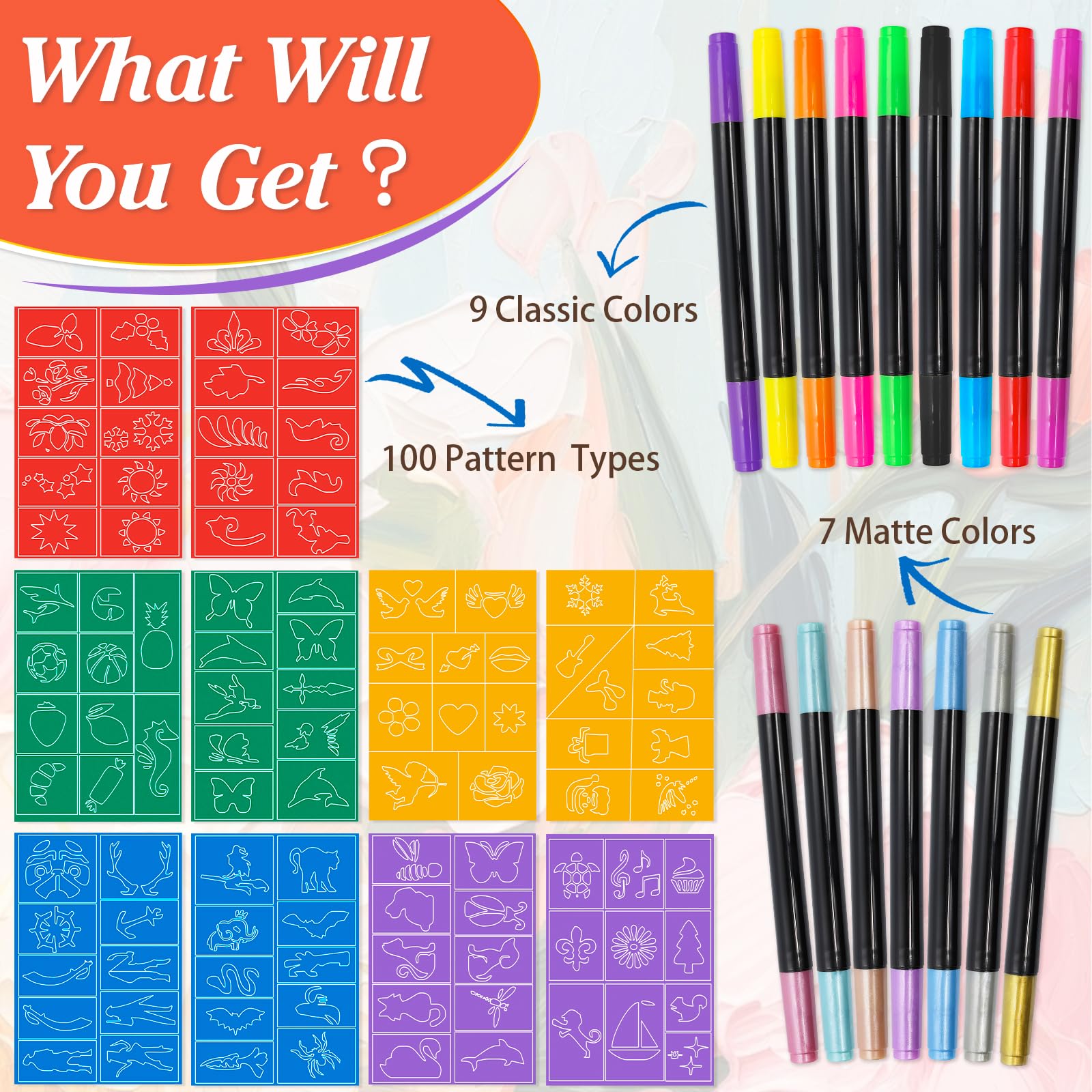 Temporary Tattoos Pens, 16 Dual-Ended Tattoo Pens for Kids(9 Classic + 7 Matte Colors), 100 Tattoo Stencils, Skin-Safe - Image 2