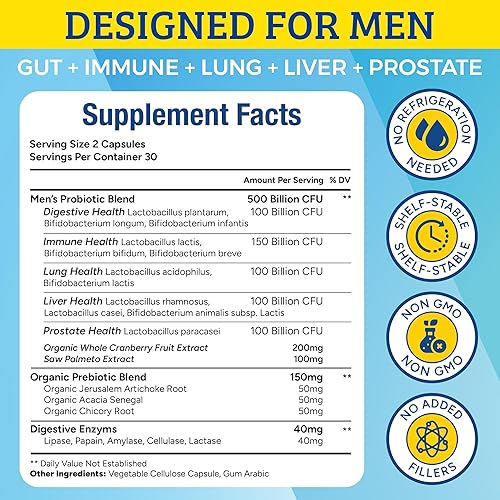 Miniatura 5 de Probióticos para hombres, 500 mil millones de UFC y 12 cepas, prebióticos y probióticos, arándano, palma enana americana, enzimas digestivas,
