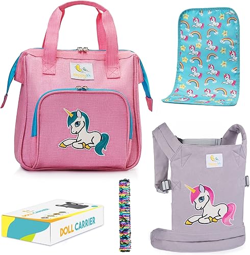 Bolsa de pañales para muñecas y portabebés de unicornio gris para niños. Pulsera de lentejuelas incluida