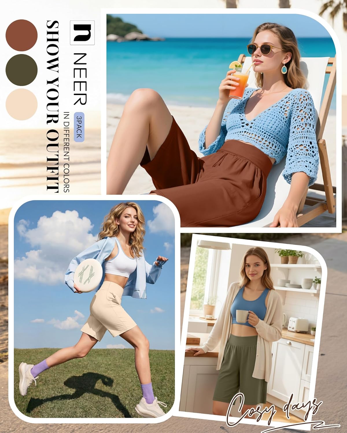 Neer 3 Pack Women's Bermuda Shorts, High Waist Basic Stretch Casual Bottoms Knee Length Summer Athletic Short with Pockets - Image 5