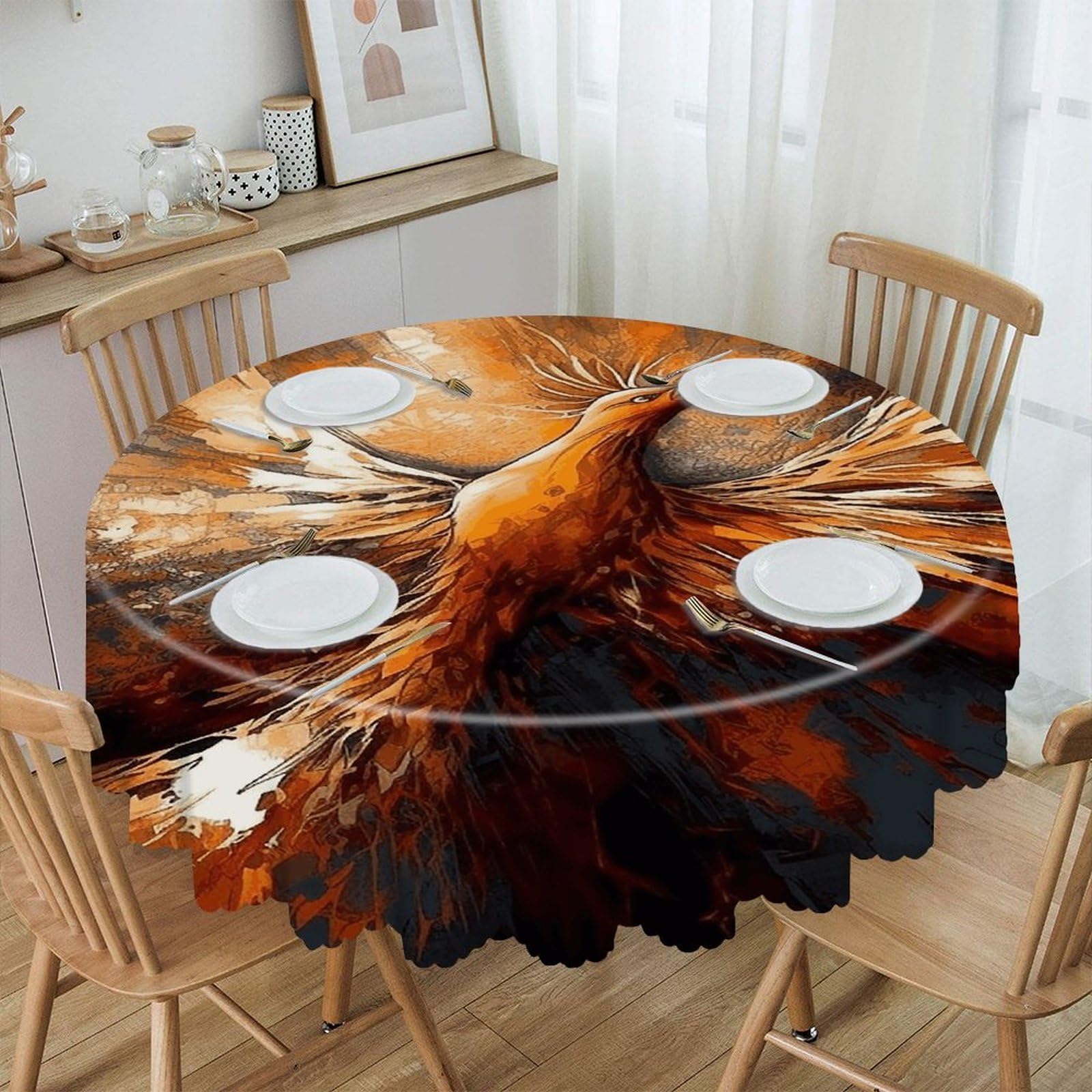 VstaDank Abstract Phoenix Round Tablecloth 60 Inch Easy to Clean Circle Table Cover Thick Decorative Round Polyester Table Cloth for Dining Kitchen Party Farmhouse Outdoor