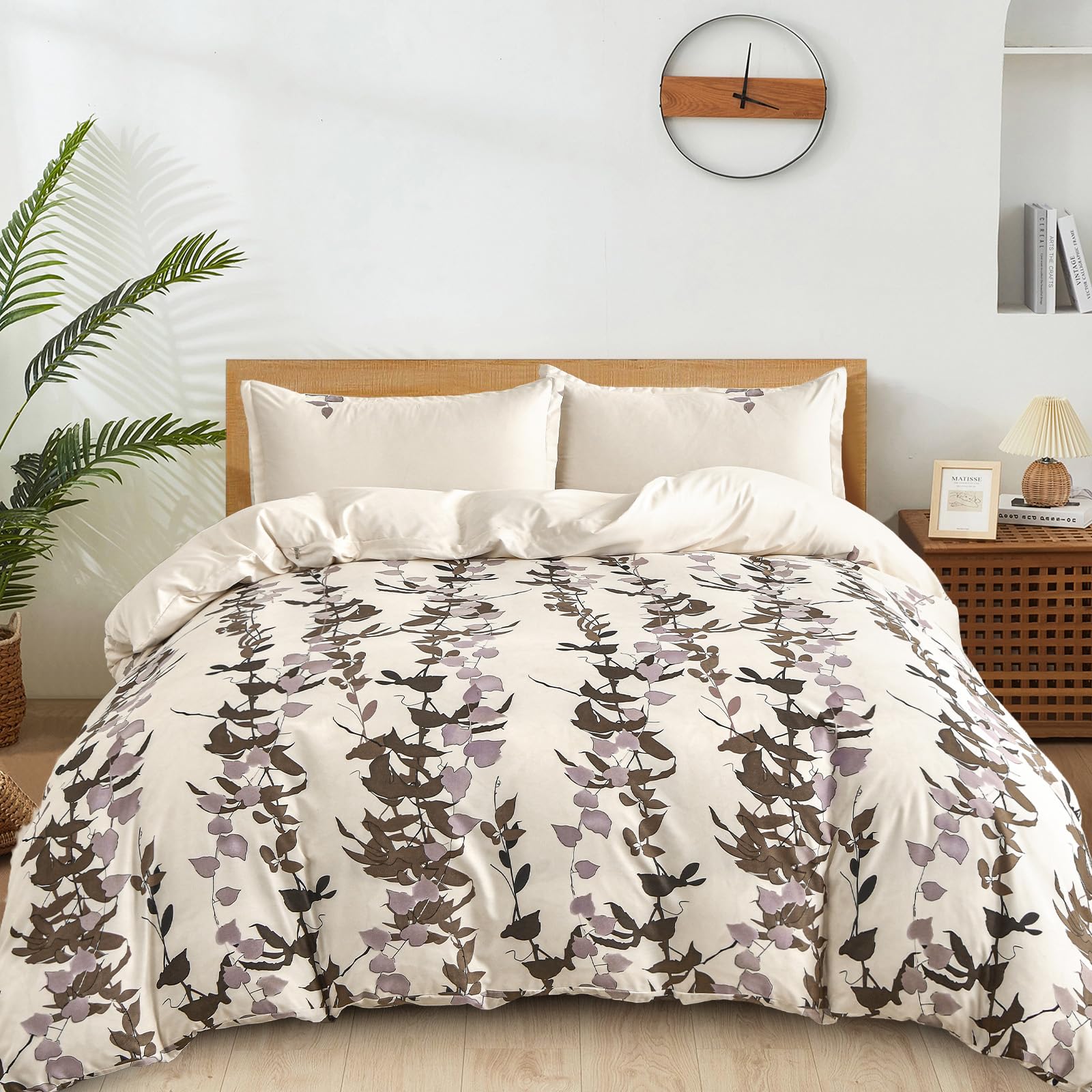 Double Duvet Set Botanical Beige Bedding Set Polyester Breathable Stylish Quilt Set with Pillowcases 3PCS, Beige Leaves, 200x200cm โ image 1