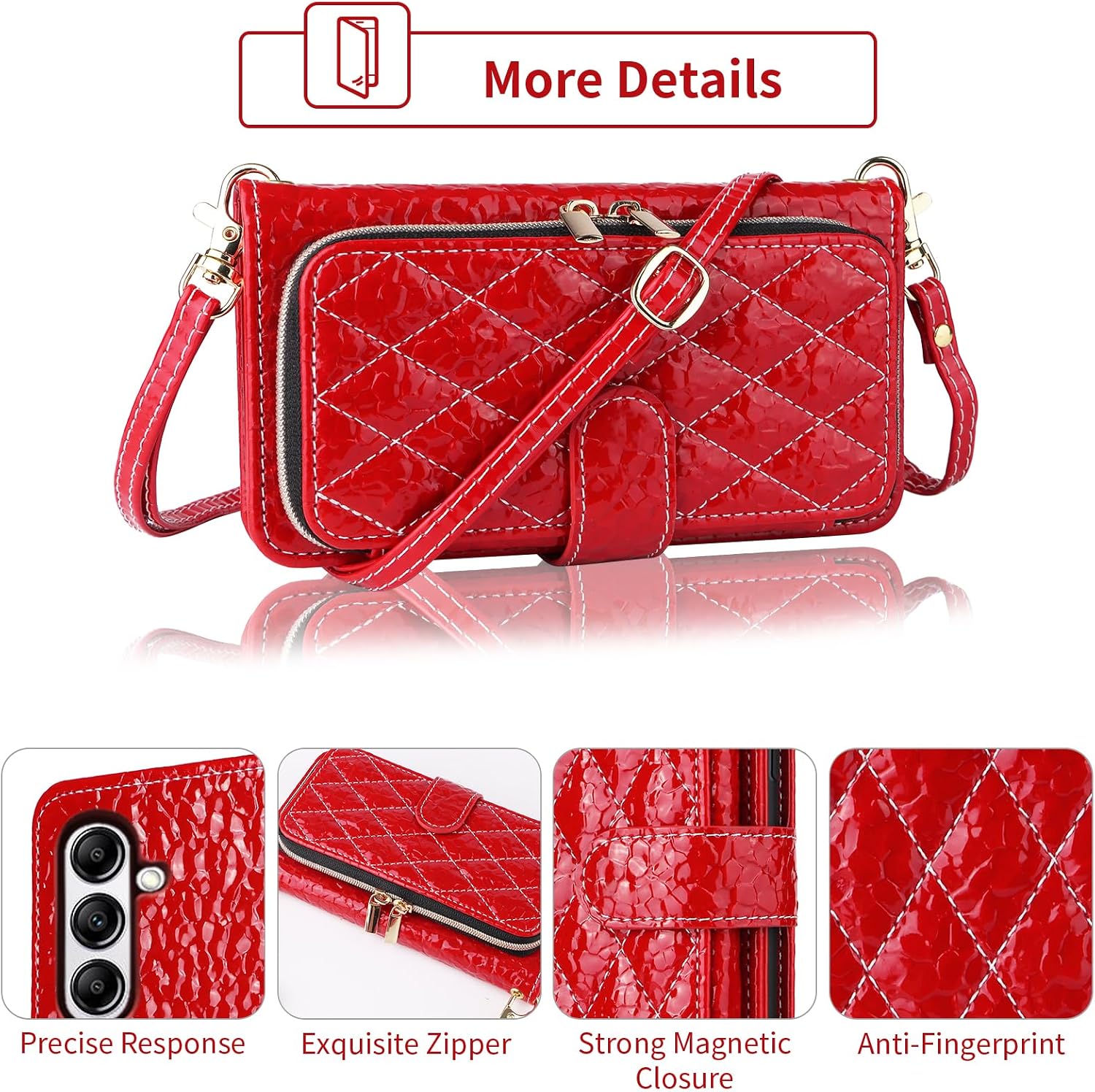 Argyle Wallet Case for Samsung Galaxy A54 5G with Crossbody/Wrist Strap Luxury PU Leather Kickstand Zipper Purse Shockproof Card Holder Cell Phone Cover for A545G A 54 54A 4G G5 SM A546U Red