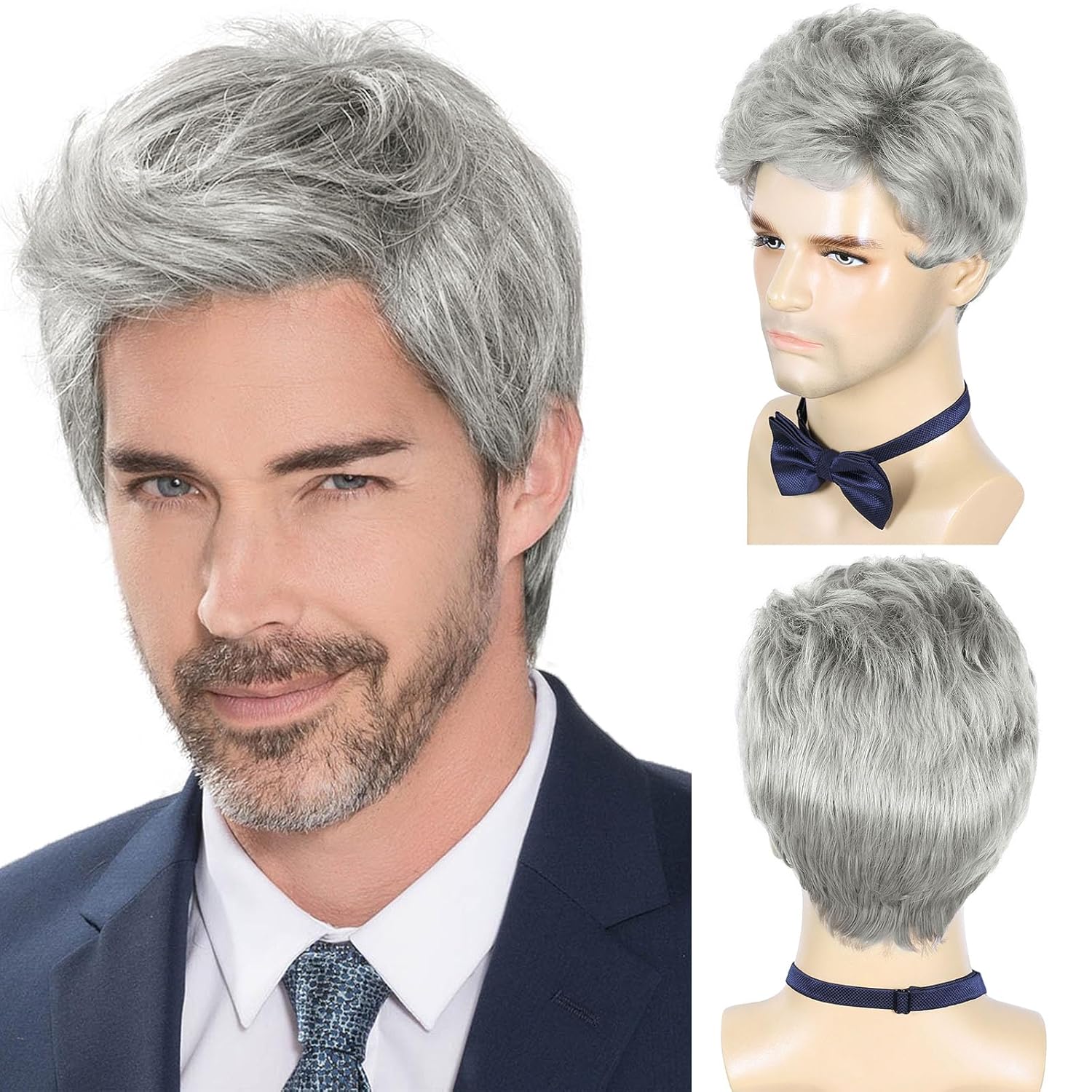 DDHAIR Men's Wig Short Silver Grey Wig Men Natural Layered Synthetic Hair Wigs for Man Male Guy Daily Halloween