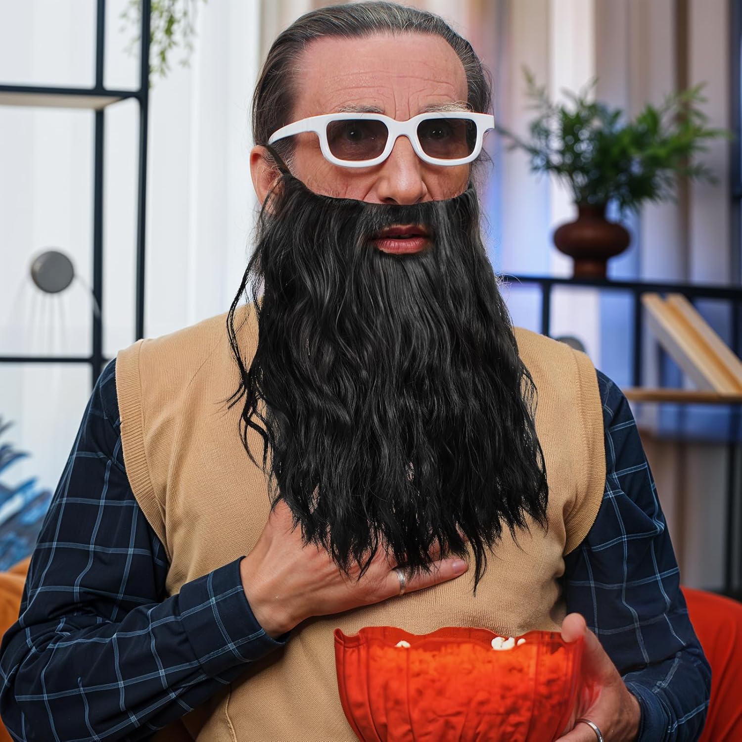 Fake Beard Costume Long Curly Brown Wizard Beard Wizard Costume Fake Mustache for Party Halloween - Image 6