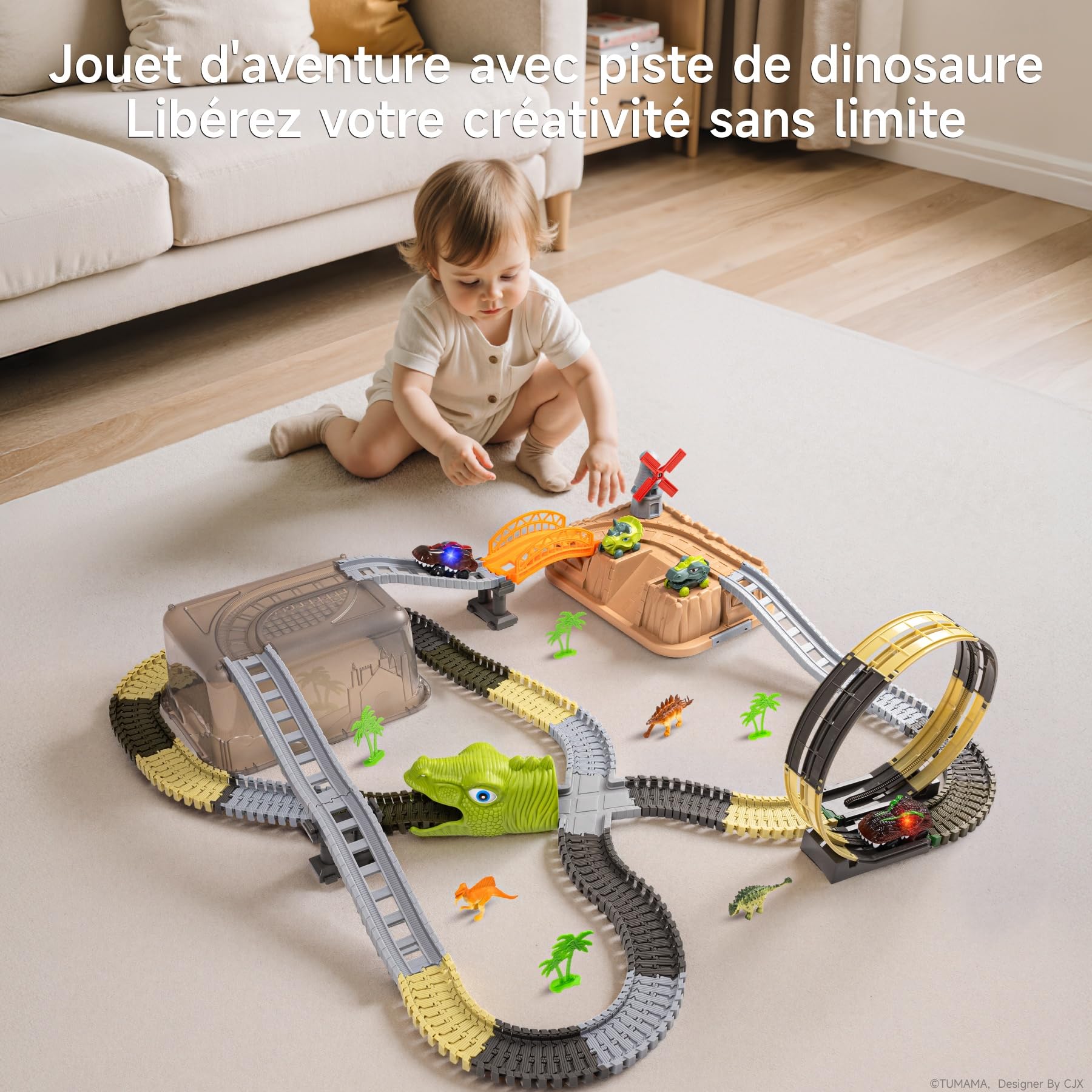 TUMAMA Circuit De Voiture Dinosaure Jouet Pour Enfant 3 5 6 9 Ans, 255 Pièces Dinosaures Électrique Circuit De Course Avec 2 Camions, Jouets Train Track Chantier Set, Flexibles Educatif Véhicules Jeux