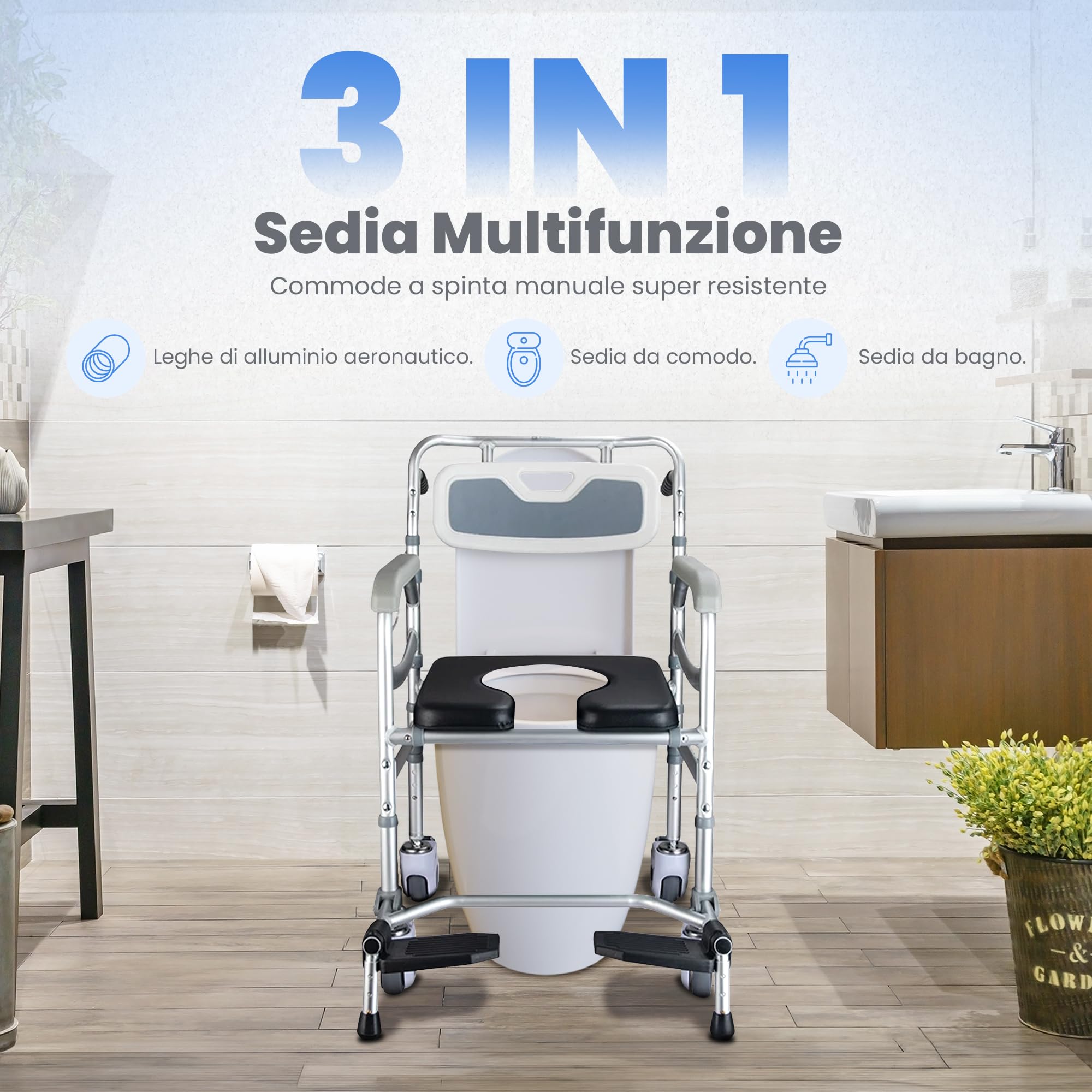Comoda Wc Per Anziani 3 In 1 Con Ruote, Vassoio E Poggiapiedi – Sedia Per Doccia Anziani Con Disabilità - Sedia Doccia Anziani Casa Di Cura, Ospedale - Sgabello Doccia Anziani, Wc Per Disabili
