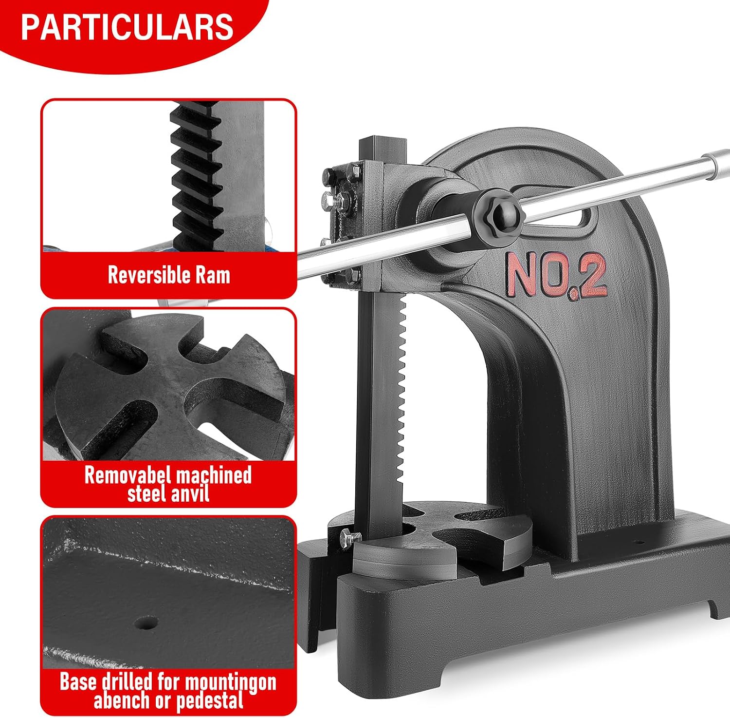 Arbor Press 2T, Manual Heavy Duty Press with Adjustable Height up to 8.5 Inches, Solid Cast Iron Construction for Riveting, Punching, and Other Applications（Black）
