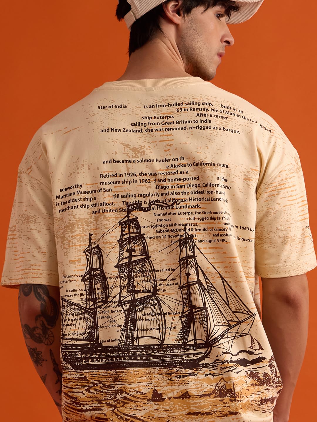 The Souled Store Let's Sail T-Shirt Oversize, kurzärmelig, Rundhalsausschnitt, Baumwolle, Grafikdruck, Beige