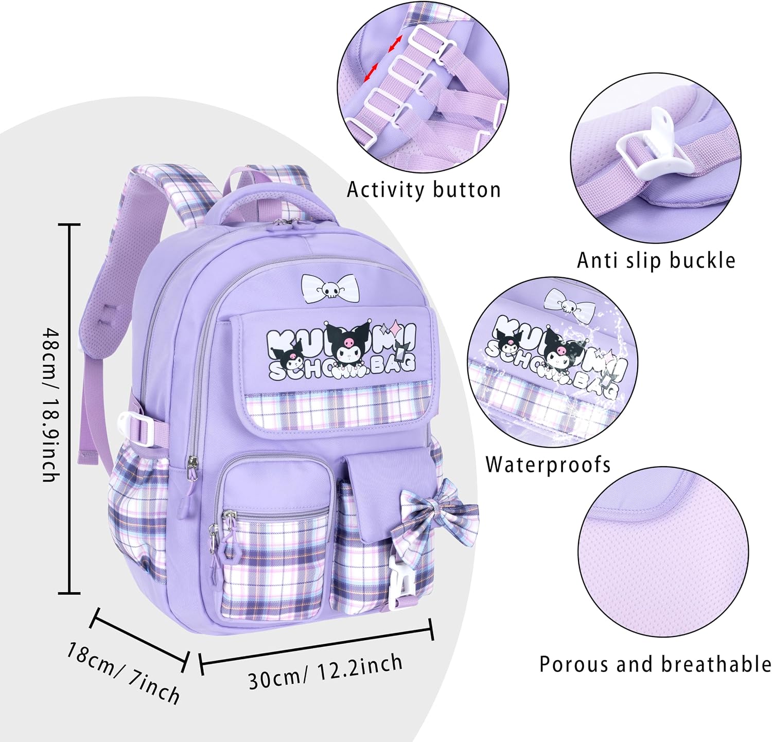 Roffatide Anime Kawaii School Backpack for Girls Boys with 21Pcs Accessories Cartoon Students Aesthetic New Semester Gifts Laptop Backpack with Cute Pins, Anti-Theft, ID Badge Holder Purple