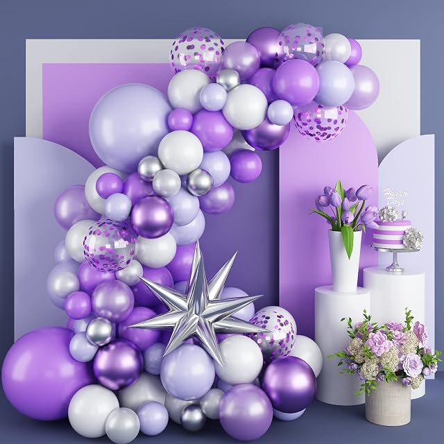 Purple Balloon Arch Kit, Purple White Balloon Arch with Metallic Silver Balloons Macaron Purple Pearl White Light Purple Helium Confetti Balloons Large Star for Birthday Hen Party Baby Shower Supplies
