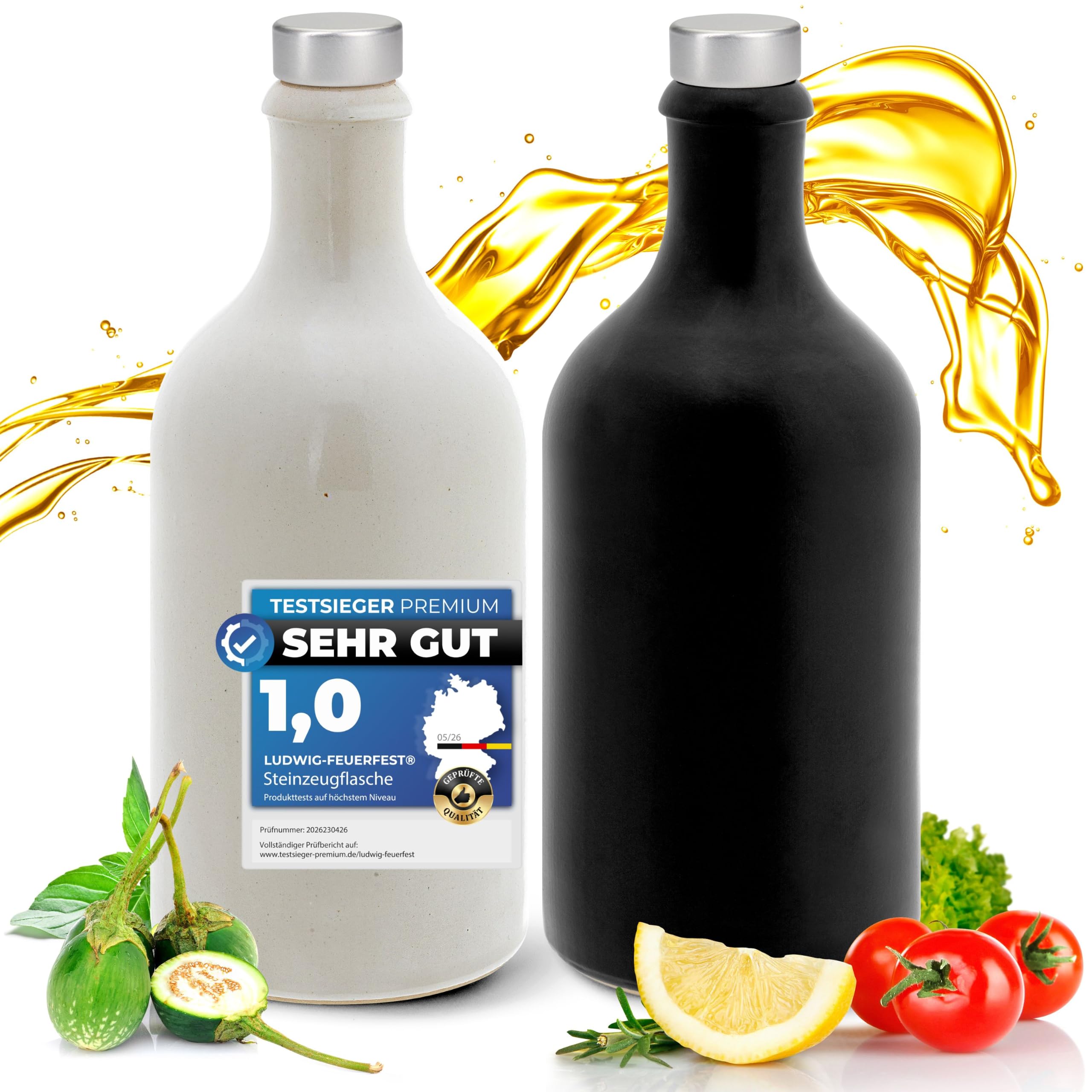Gourmet Essig & Öl – Flaschen mit Ausgießer, Made in Germany Handgefertigt. Exklusive Steinzeugflaschen, einzigartig, zeitlos und chic. Ausgießer in Deluxe- Silber (2x 500ml, schwarz/ weiß)