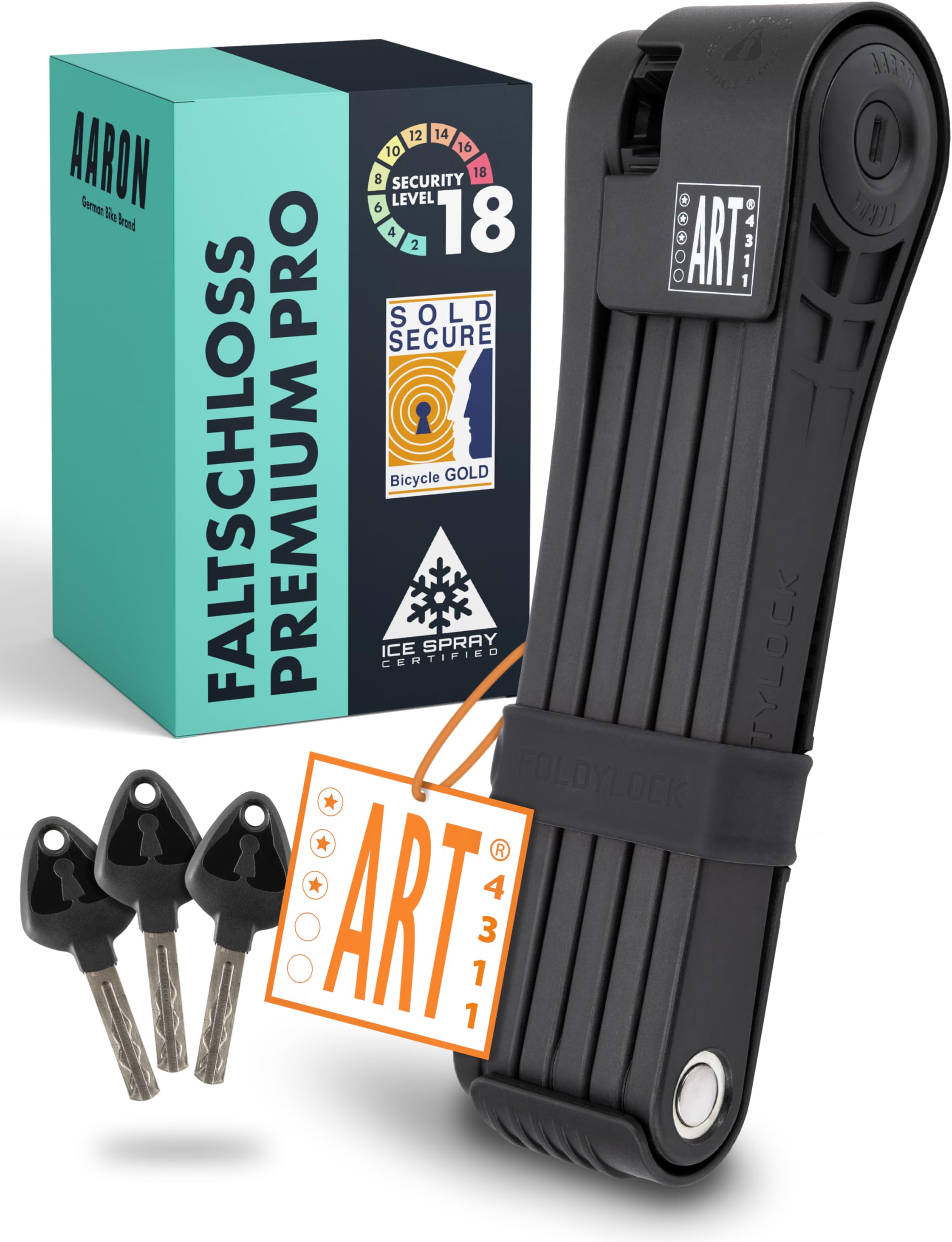 AARON Premium Fahrradschloss - sicheres Faltschloss Stufe 18, patentiertes Hochsicherheitsschloss mit Halterung - leichtes Fahrrad schloss mit Schlüssel für E-Bike, Rennrad, Motorrad, MTB