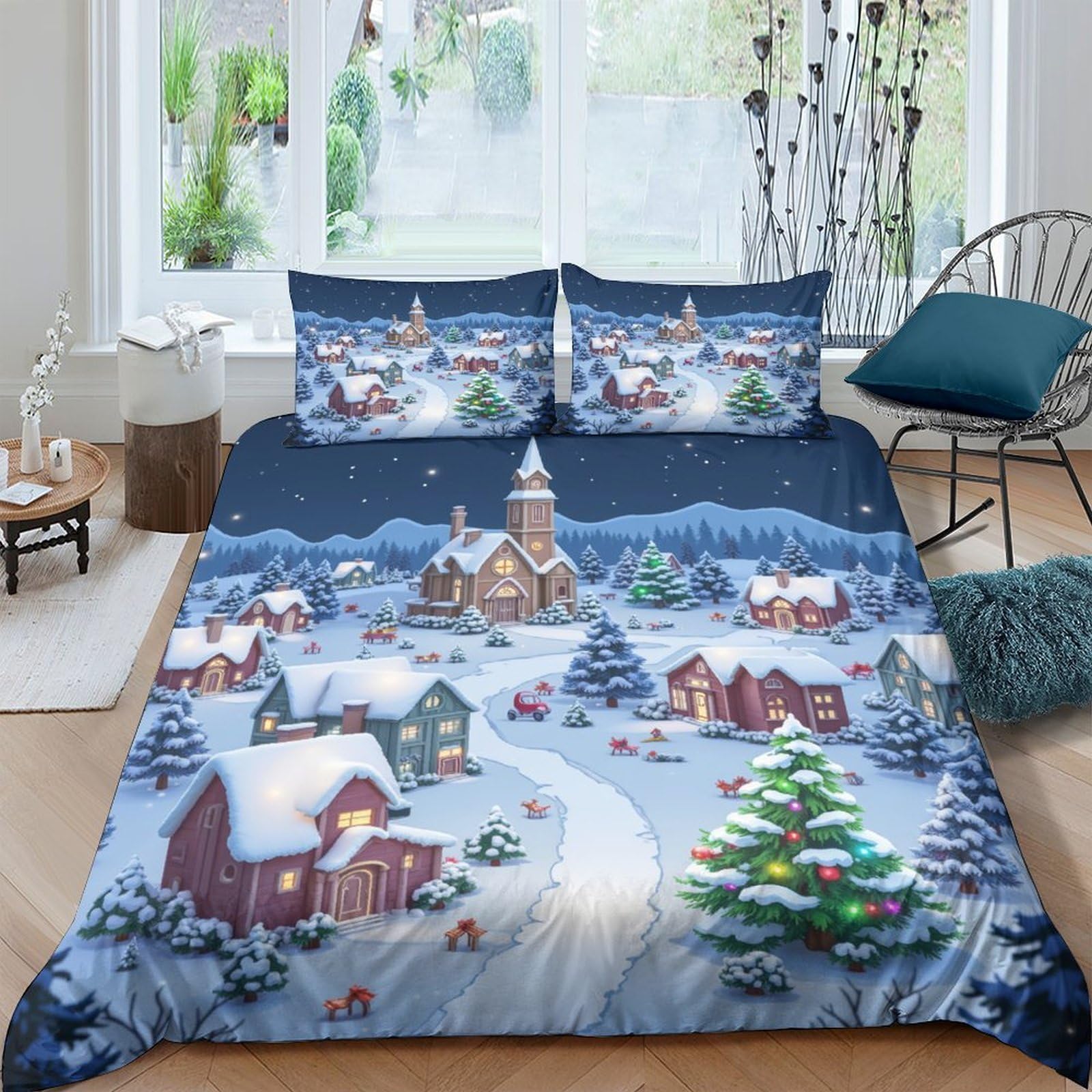 Ctjqhvkz Style-8 3D Printed Winter Village Fitted Sheet Microfiber Soft Snowy Night Mattress Cover For Bedroom Guest Room Home Decor Single（135X200cm）