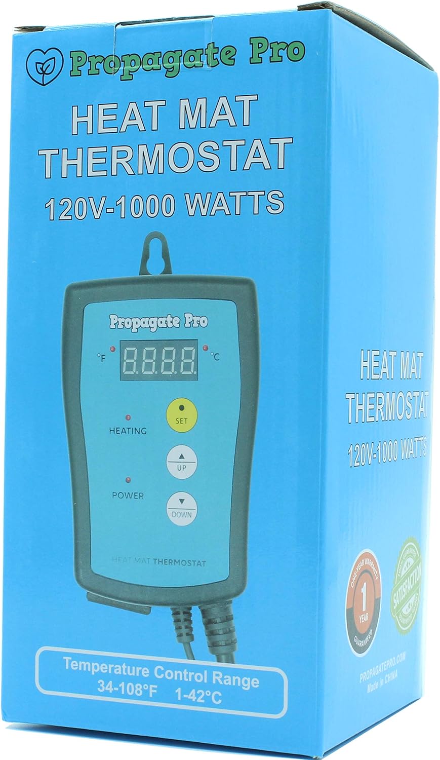 Plug in 1000 Watt Heating Thermostat Outlet 34-108°F by Propagate Pro 110V, 120V Heat Mat Heater Pad Temperature Controller for Starting Seeds, Reptiles, Egg Incubation + Beer Brewing/Wine Making