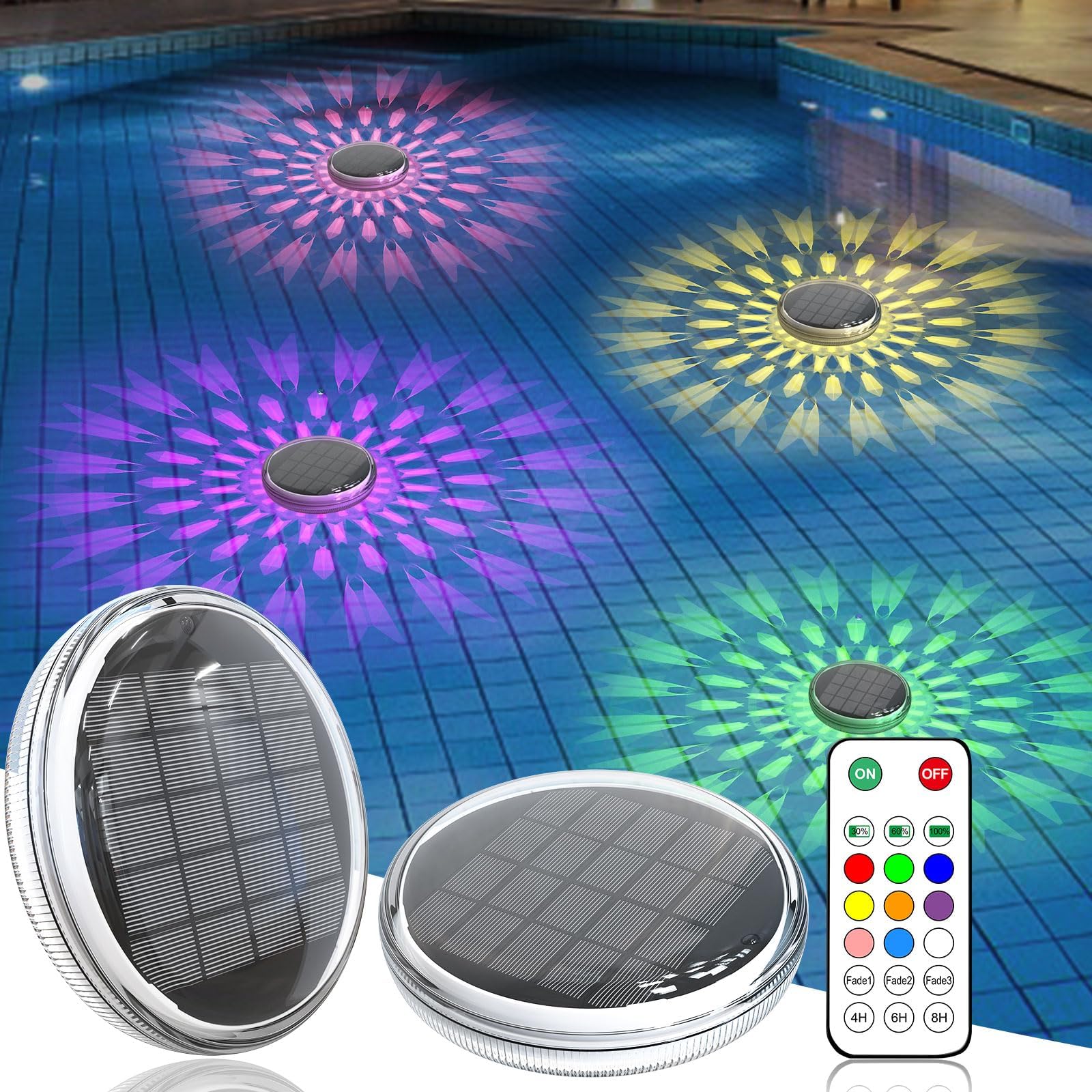 Kitloo Schwimmende Pool-Lichter mit Solaraufladung, Schwimmbad-Lichter mit Fernbedienung, 9 Beleuchtung, Timing-Modus, IP67 wasserdicht für Whirlpool, Lazy Spa, Garten, Unterwasser, Pool-Party
