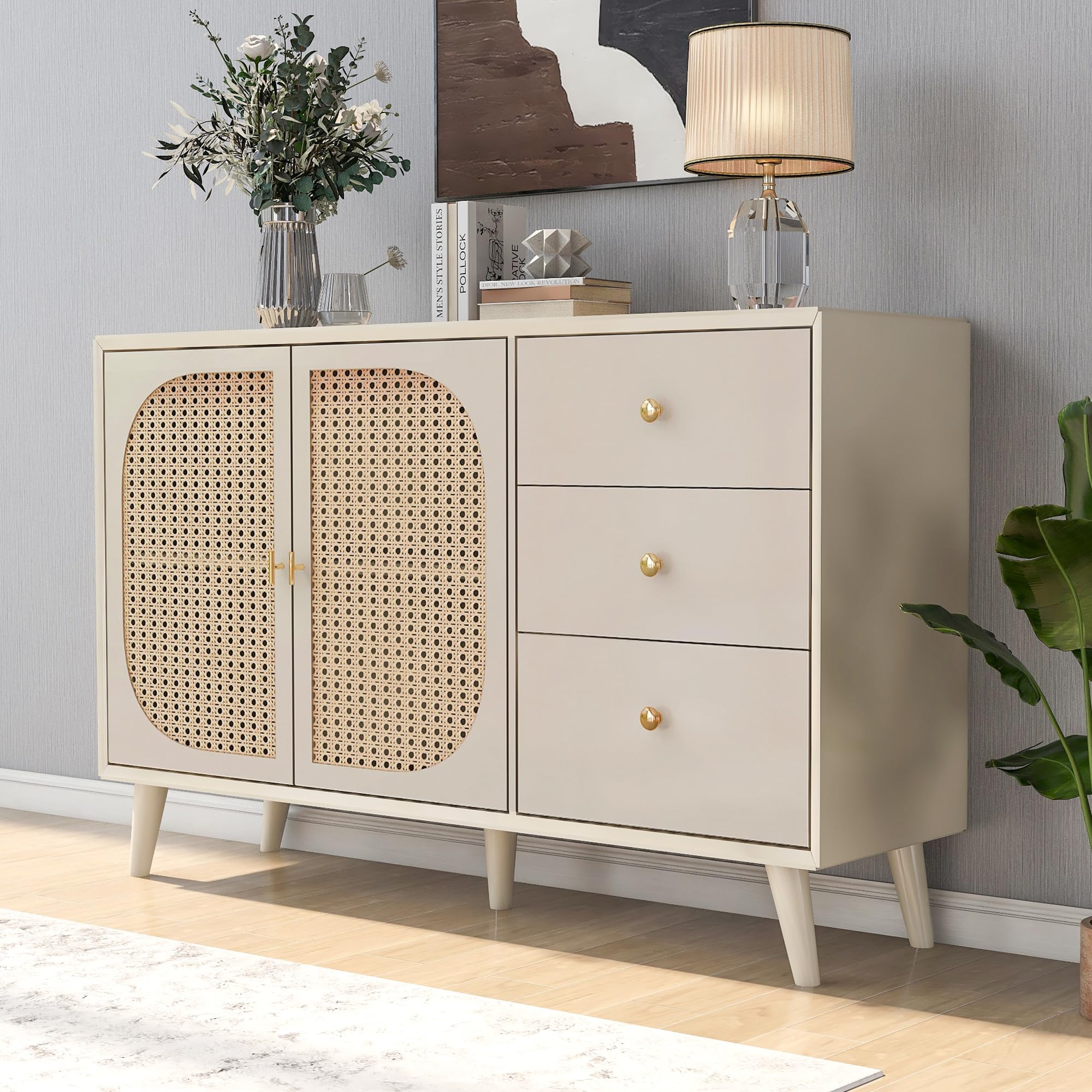 Azkoeesy Aparador de Ratán Beige- Armario Buffet 2 Puertas + 3 Cajones (120x40x82 cm) para Cocina, Salón o Jardín - Mueble de Almacenamiento Estilo Rústico