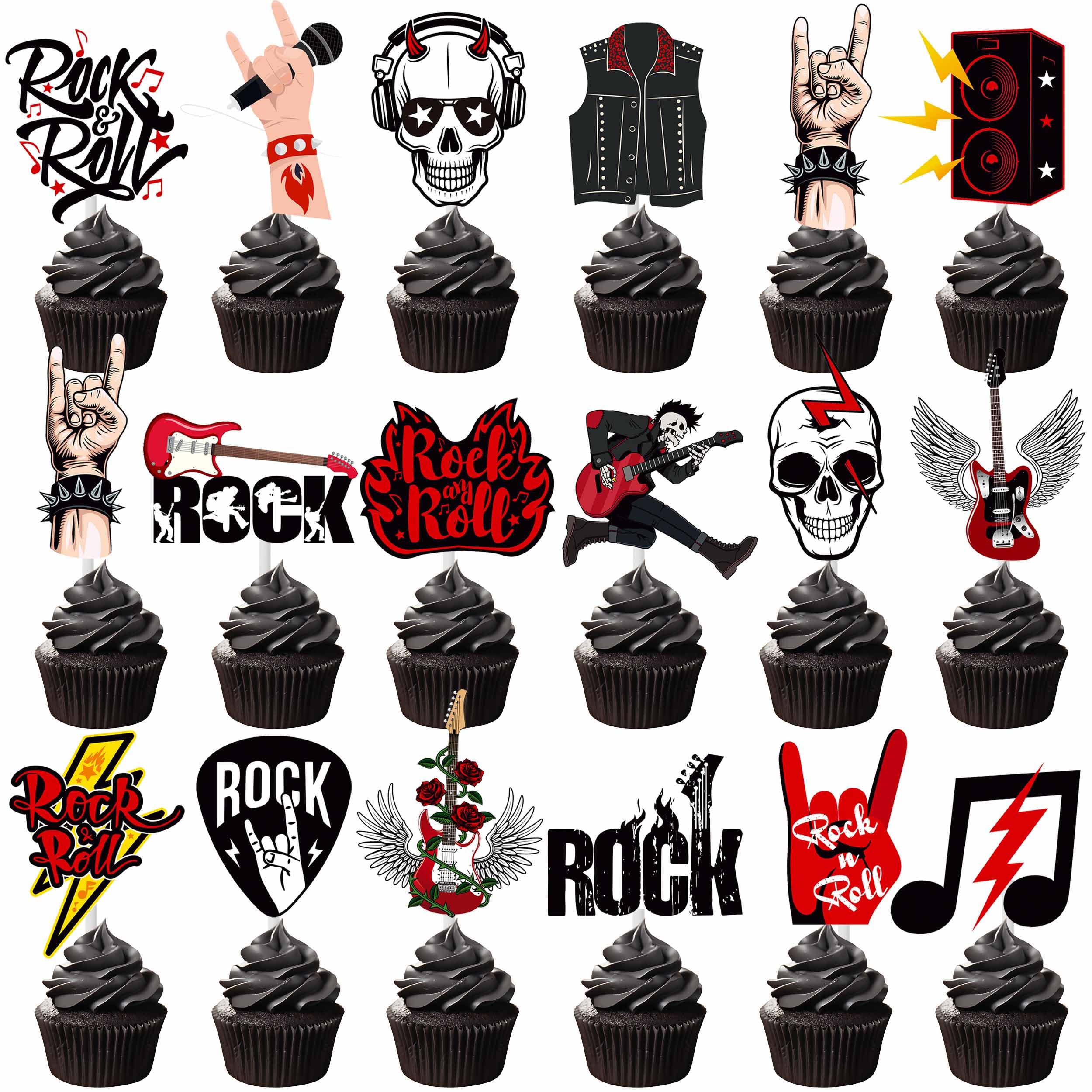 36Pcs Rock and Roll Party Cupcake Toppers Rock Music Cupcake Topper Rockstar Birthday Cake Picks Rock Guitar Party Decorations for Muscial Theme Baby Shower Supplies