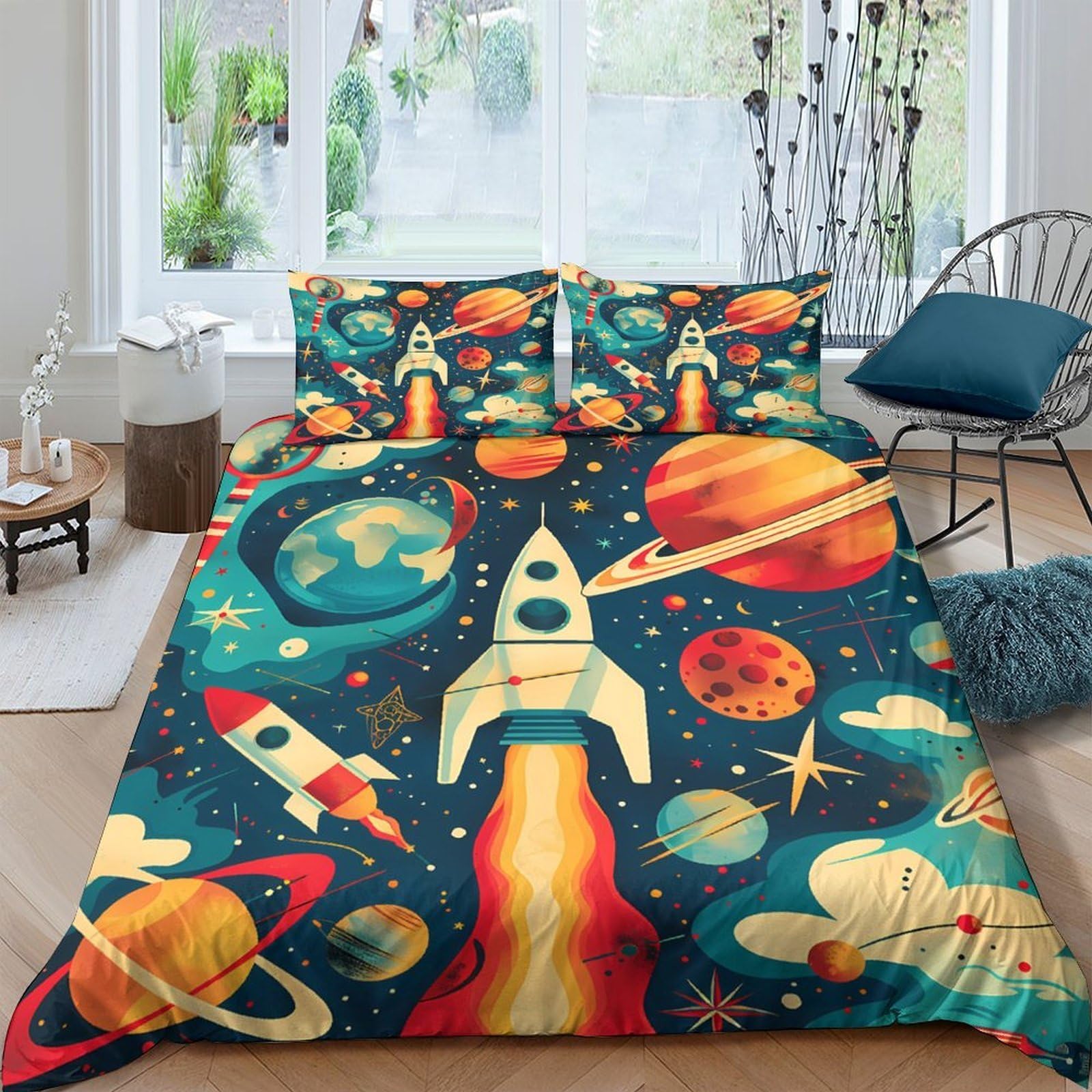 Ctjqhvkz Style-4 3D Printed Space Rocket Fitted Sheet Microfiber Soft Bedroom Decor Planet Mattress Cover For Home Dorm Single（135X200cm）