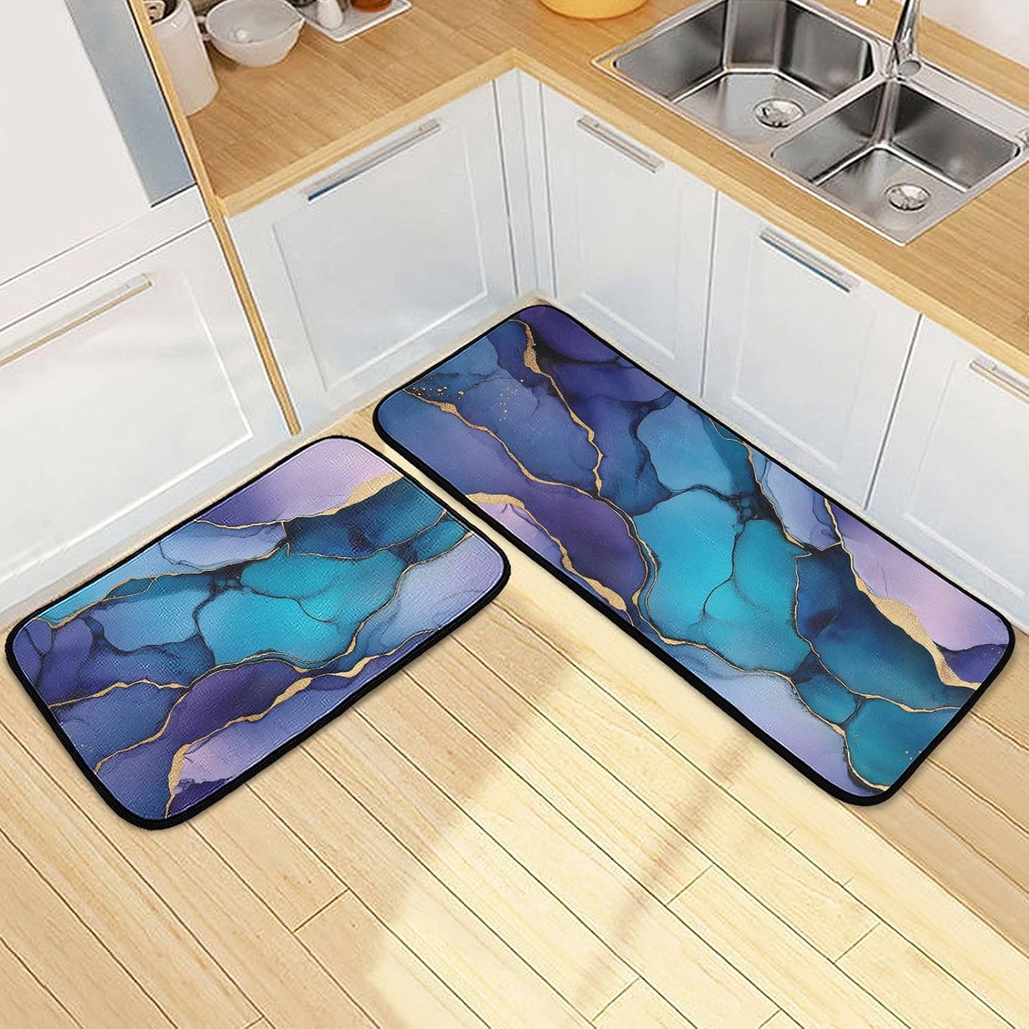 Marble Blue Purple Kitchen Mats for Floor, Set of 2, Washable Non Slip Kitchen Rugs for Kitchen Decor, Sink, Office 19.7” x 27.6” + 19.7” + 47.2”