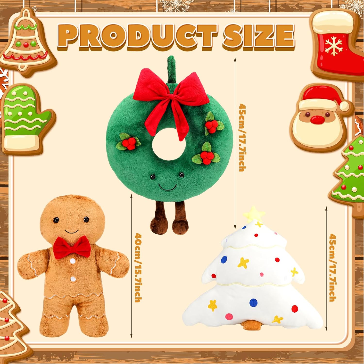 3 Pcs Christmas Throw Pillow Set Gingerbread Man Plush 18 Inch Christmas Tree Stuffed Soft Cute Xmas Wreath Pillows for Party Cushion Decoration Gift
