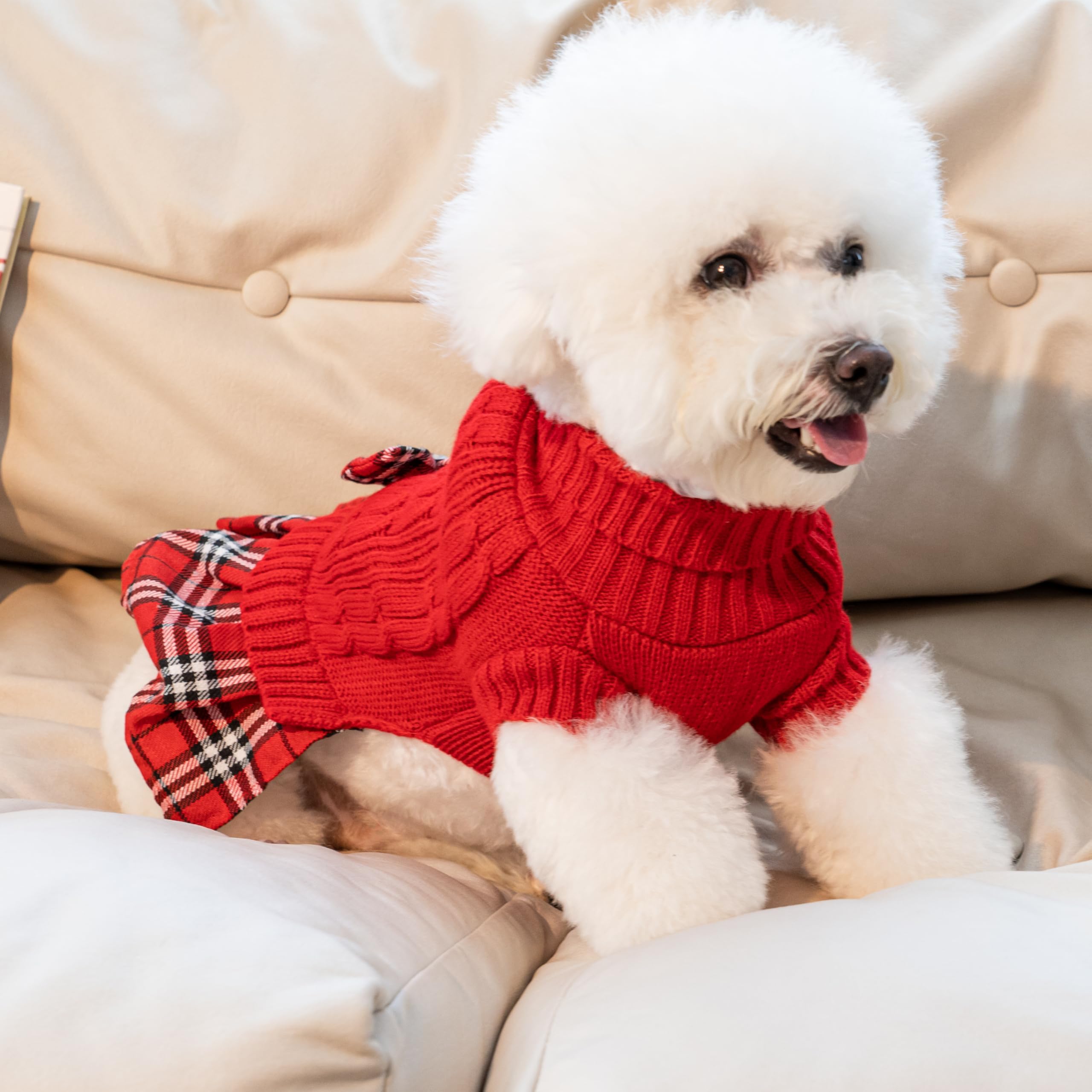 WOYYHO Hundepullover, Kleid mit karierter Fliege, Faltenrock, Hundepullover mit Loch für die Leine, Rollkragen, Hundepullover, Strickwaren, Welpenpullover, Winter, Hundekleidung für kleine mittelgroße