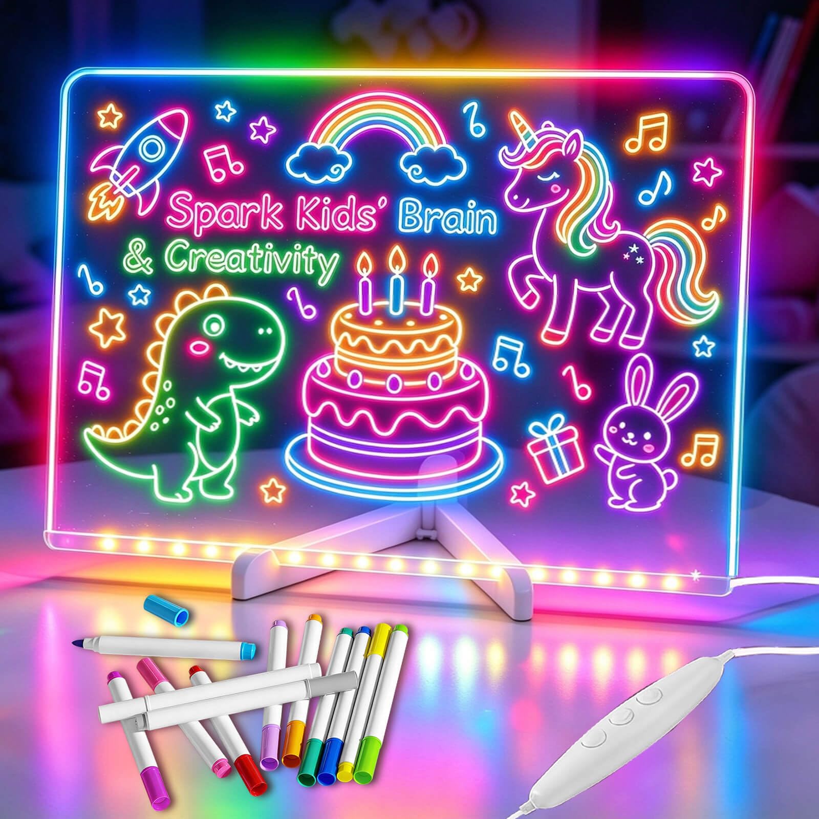 LED Zeichenbrett mit Kabelsteuerung, 7 Lichteffekten, 4 Farbmodi, 30X20CM | LED Maltafel Acryl Notiztafelmit 12 Farben und Ständer, Abwischbar Zeichentafel Kreatives Geschenk, LED Drawing Board