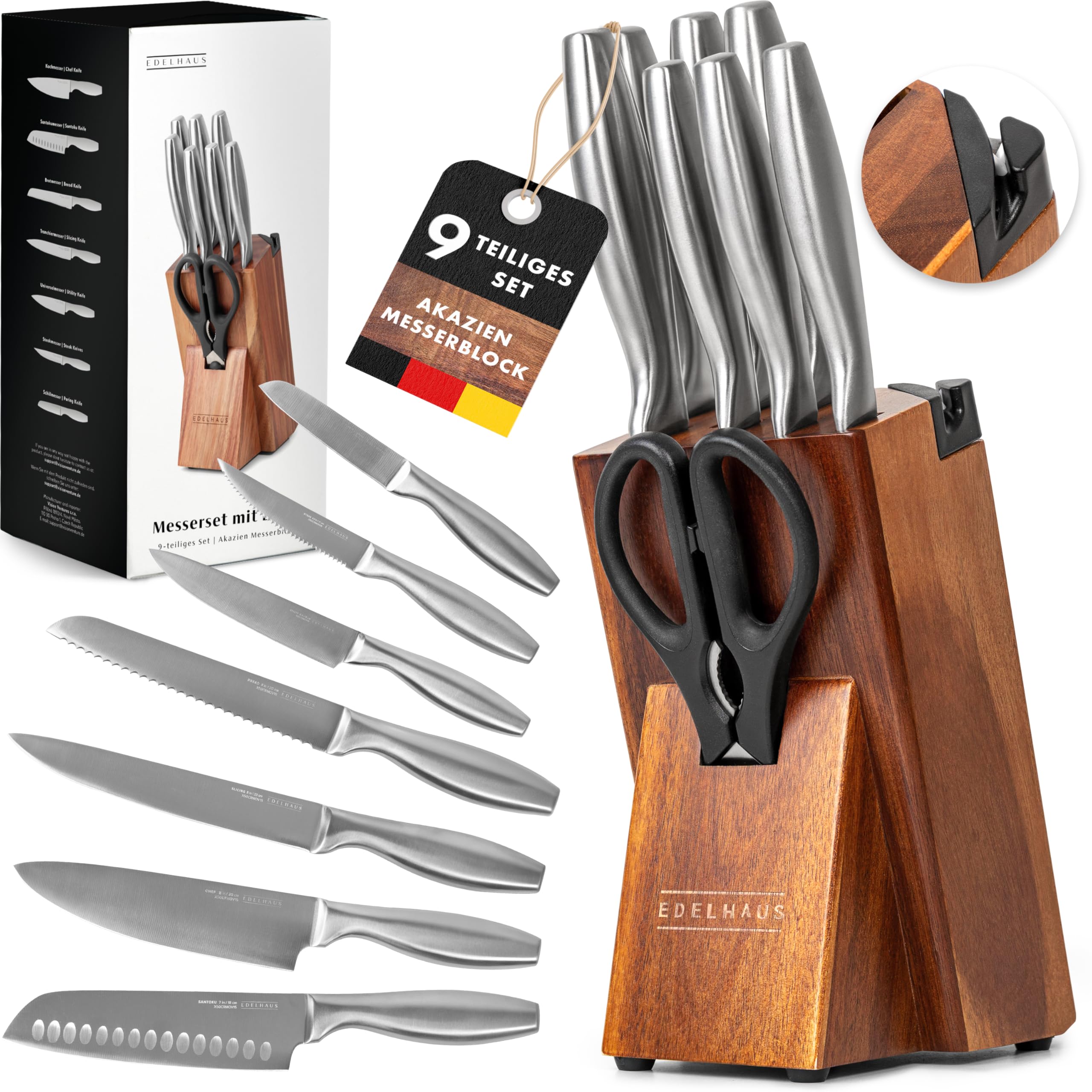 EDELHAUS Messerblock mit Messer - 9-Teiliges Profi Messerset mit Block & Integriertem Messerschärfer, Küchenmesser Set aus X50CRMOV15 Edelstahl, Edelstahlgriffe Messer Set mit Schere, Akazienholzblock