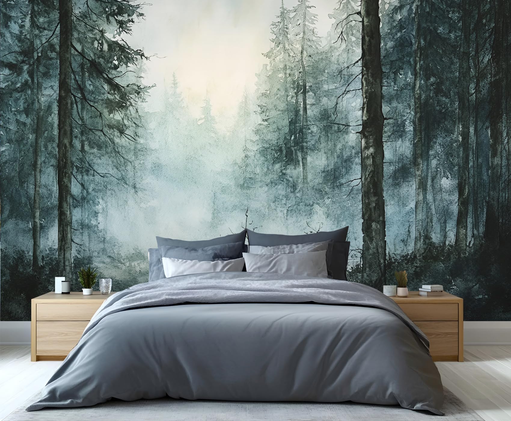 Papel pintado de bosque con niebla, papel tapiz de selva para sala de estar, papel de pared de dormitorio paisaje, no autoadhesivo, gran mural 3D de árboles grandes y póster de decoración del