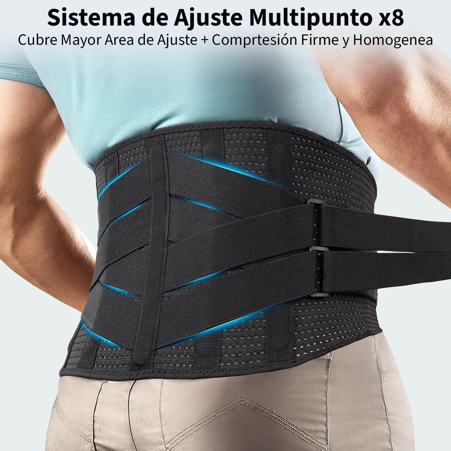 Faja Lumbar Hombre y Mujer de Trabajo – 5 Férulas y 8 Puntos de Compresión – Alivio Dolor Espalda, Ciática y Hernia – Cinturón Lumbar Ergonómico y Transpirable – M