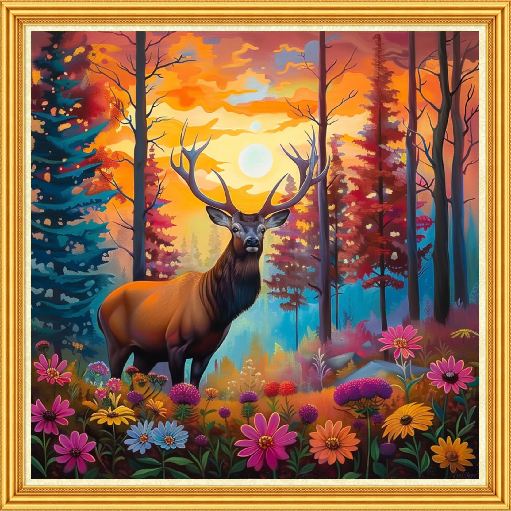 Joyhoor Stamped Cross Stitch Kits for Beginners Needlepoint Kits for Adults Embroidery Kits 11CT Counted Cross Stitch Kits Printed Embroidery Pattern-Colorful Flower Deer 18x18 inch