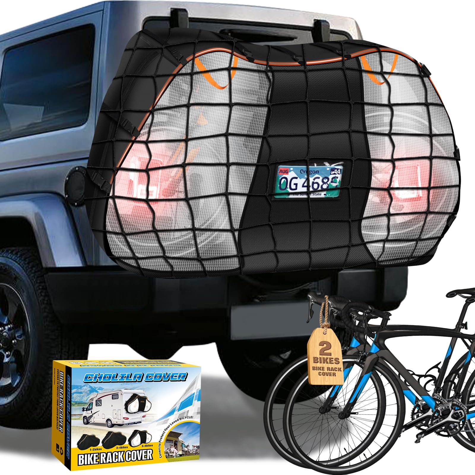 Cholila Bike Cover for Transport on Rack - Covers 2 Bikes on Rear Rack - Visible Tail Lights and License Plate Window - Heavy Duty 600D Waterproof Travel Cover