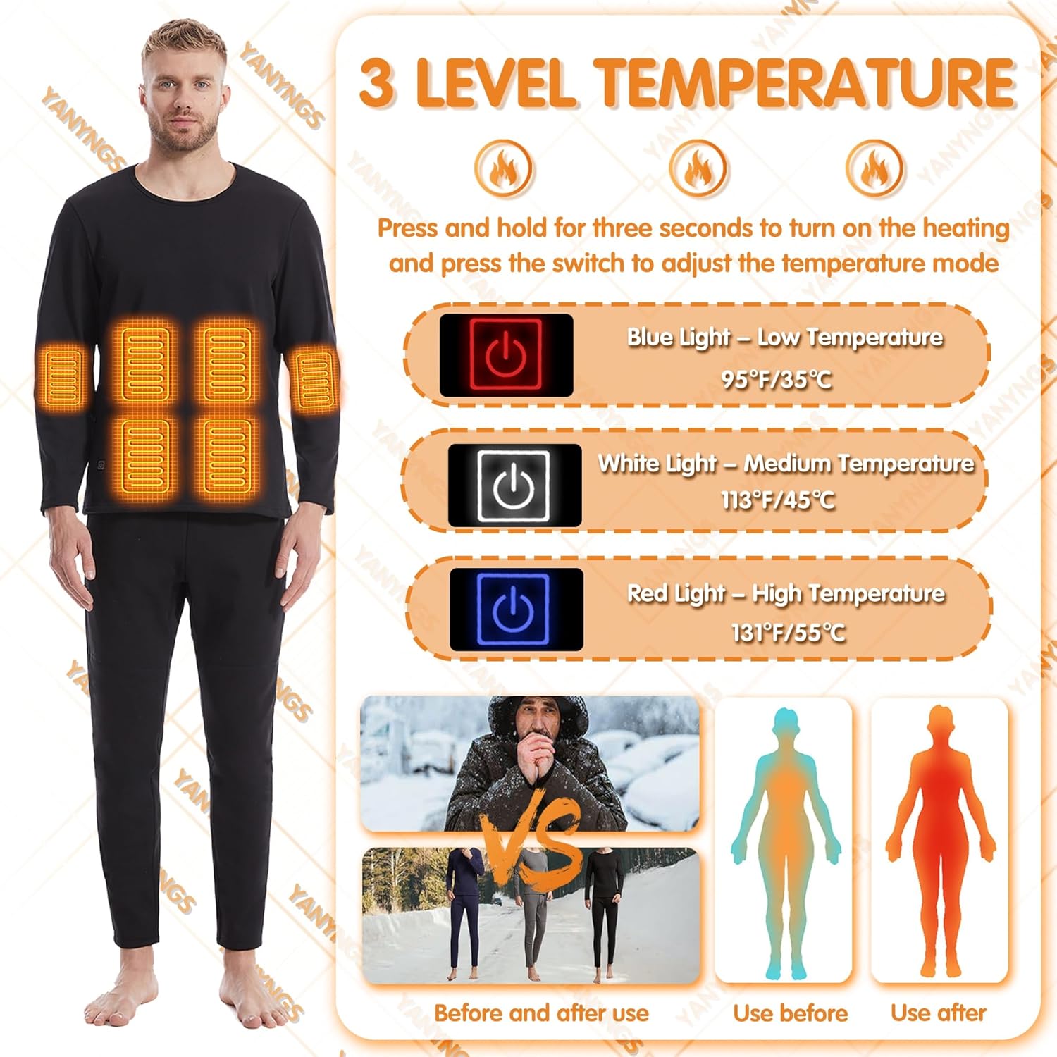 Men's Heating Underwears Shirt, Electric Thermal Underwears Top Winter Warm Baselayer for Skiing, Hunting,Camping