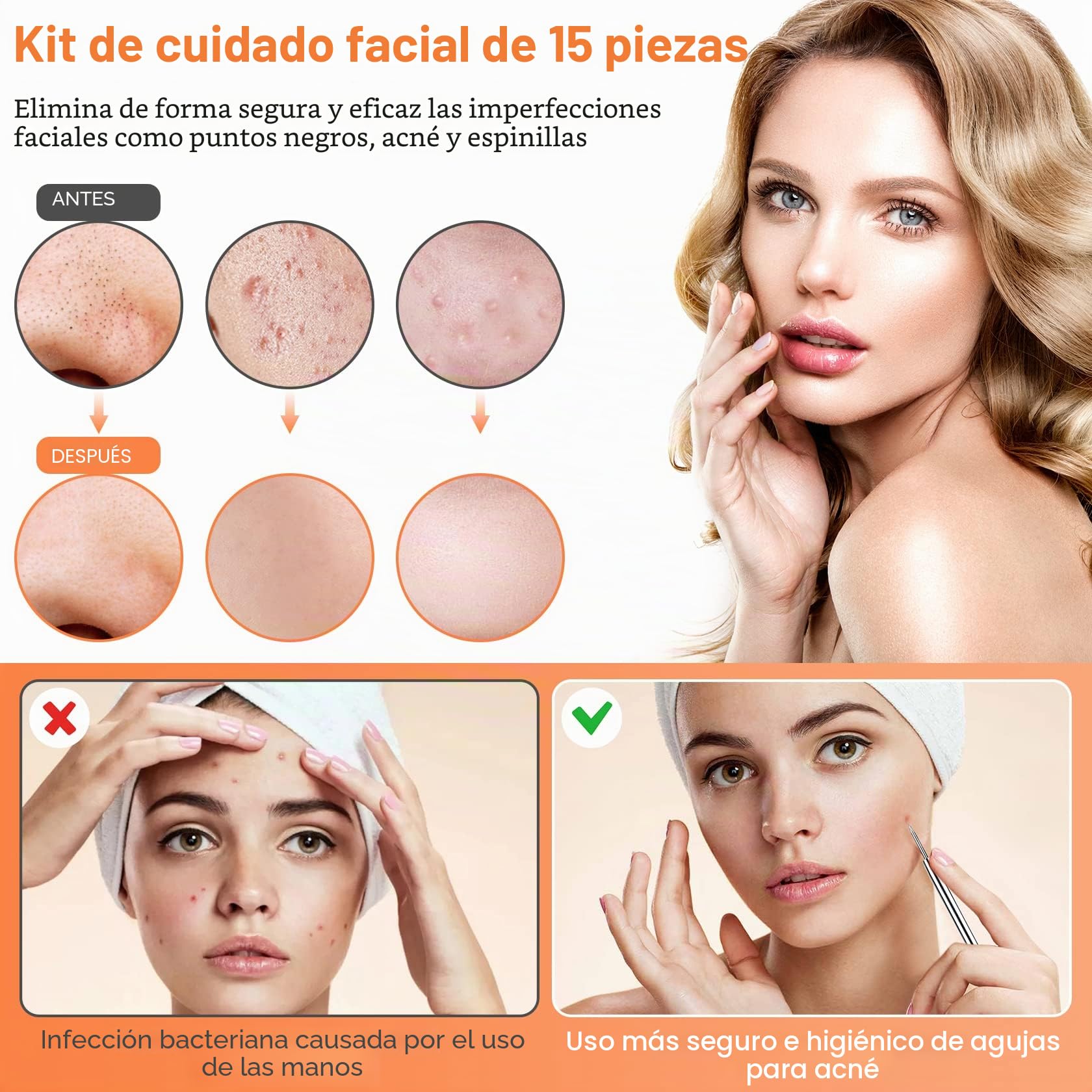 IUMAKEVP - Kit de herramientas profesionales para eliminar espinillas y comedones, 15 piezas de acero inoxidable