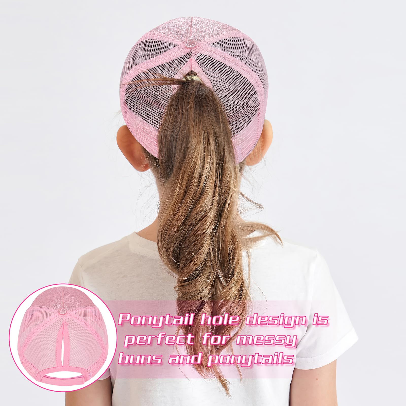 Gorra de Béisbol para Niña con Cola de Caballo, Ajustable Gorras de Malla y Gafas de Sol Sombrero Verano con Purpurina para Niñas Deportes al Aire Libre Playa (Rosa)