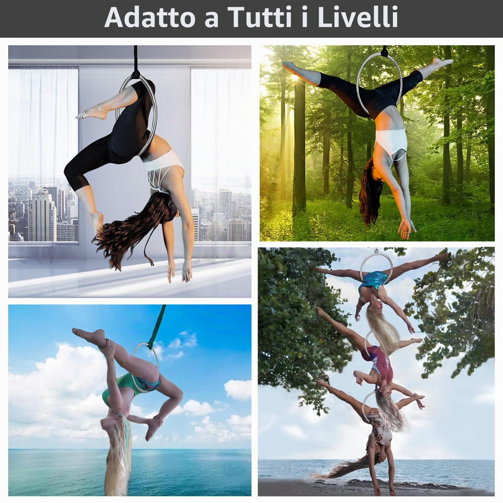 PRIOR FITNESS Cerchio aereo in acciaio inox da 45 cm - Set di cerchi per lo yoga - Cerchio per lo yoga aereo con accessori - Per l'acrobatica aerea e la ginnastica aerea