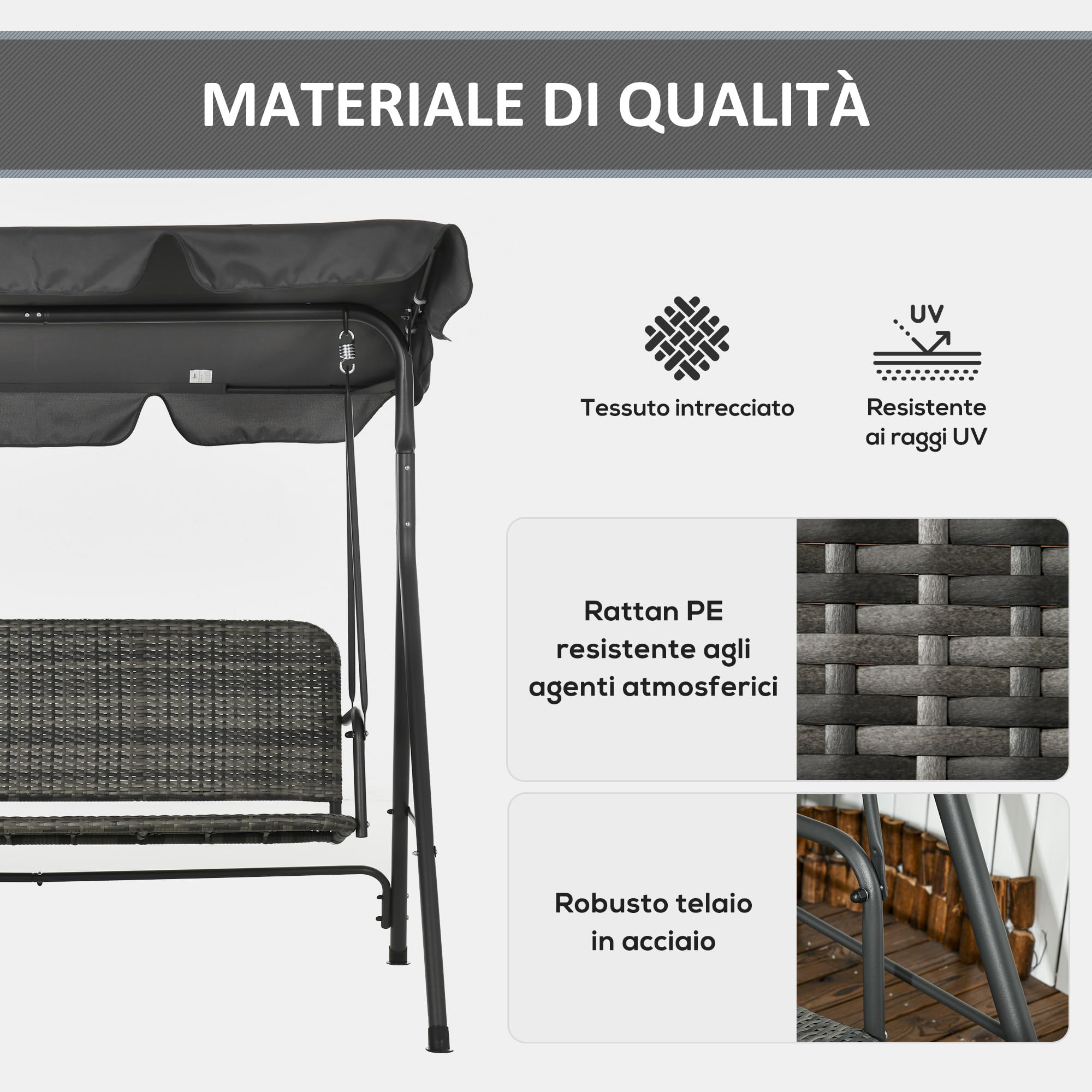 Outsunny Balancelle de Jardin 3 Places avec Toit Pare-Soleil réglable, balançoire d'extérieur avec Assise Respirante en rotin PE et Acier, Charge jusqu'à 240 kg, 167 x 112 x 153 cm, Gris foncé