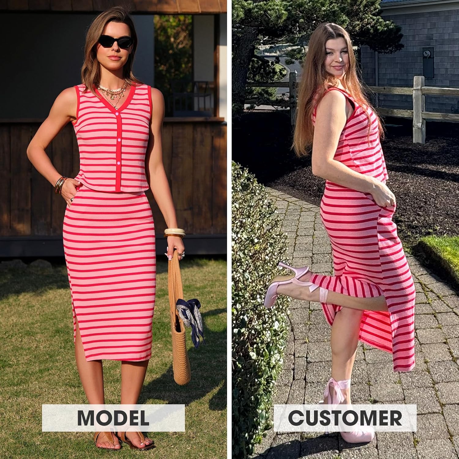 EXLURA Women's Cotton 2 Piece Skirt Set V Neck Faux Button Tank Tops Matching High Waist Midi Skirt Pockets Vacation Outfits