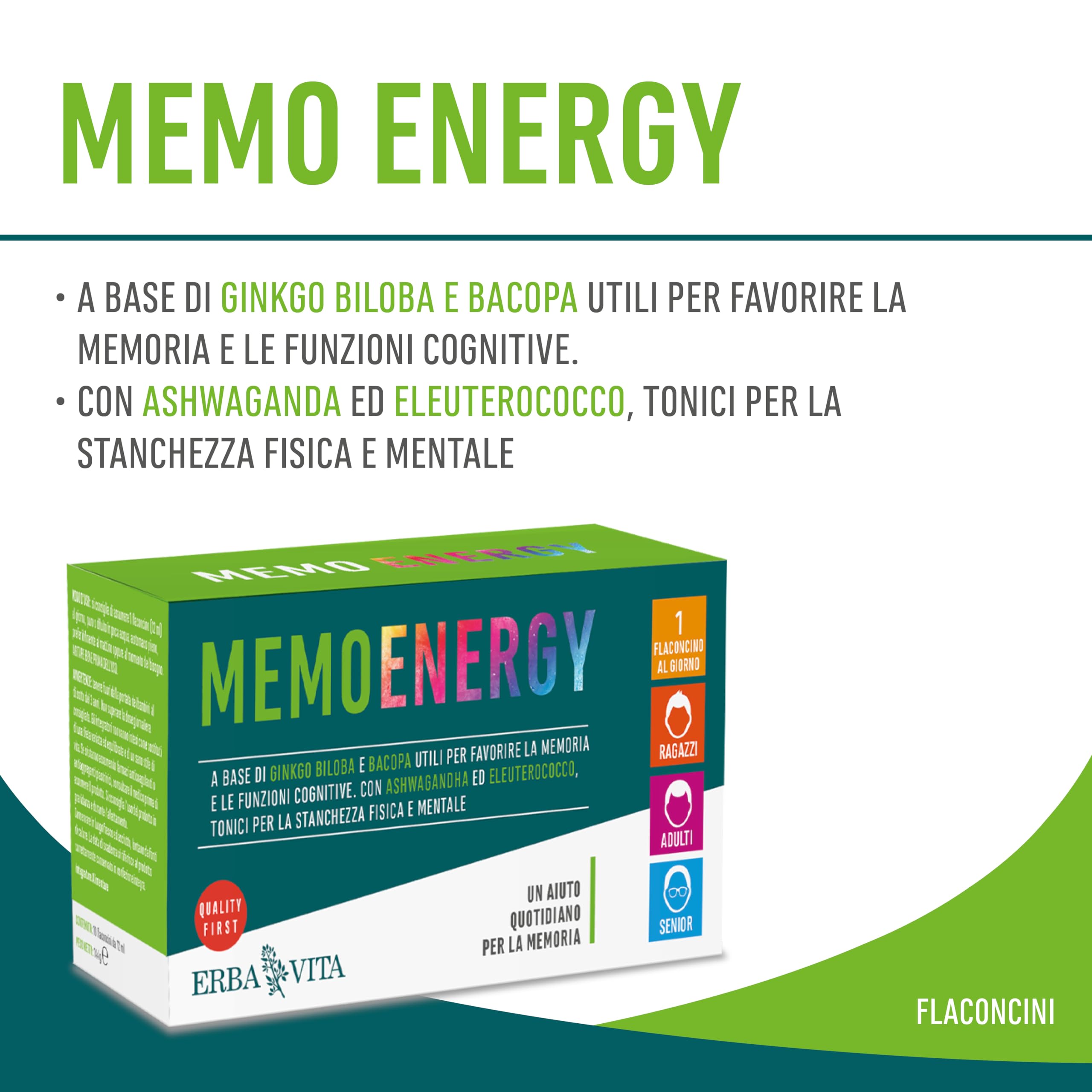 ERBA VITA Memo Energy Flaconcini integratore alimentare a base di Ginkgo Biloba e Bacopa utili per favorire la memoria e funzioni congnitive - Formato 10 Flaconcini