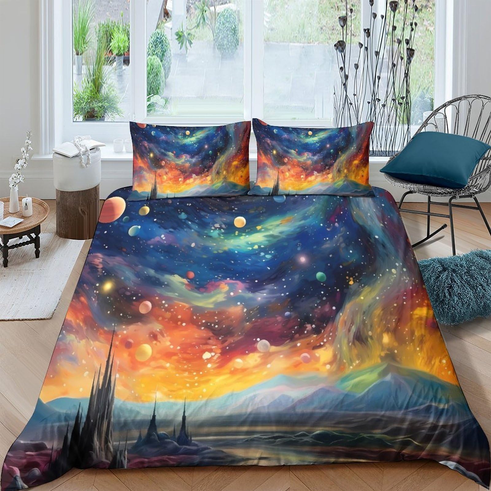 GPLZQXKJNH 3D Printed Galaxy Starry Sky Duvet Cover Microfiber Soft Sunset Nebula Bedding Set with 2 Pillowcases for Bedroom Decor Single（135x200cm）