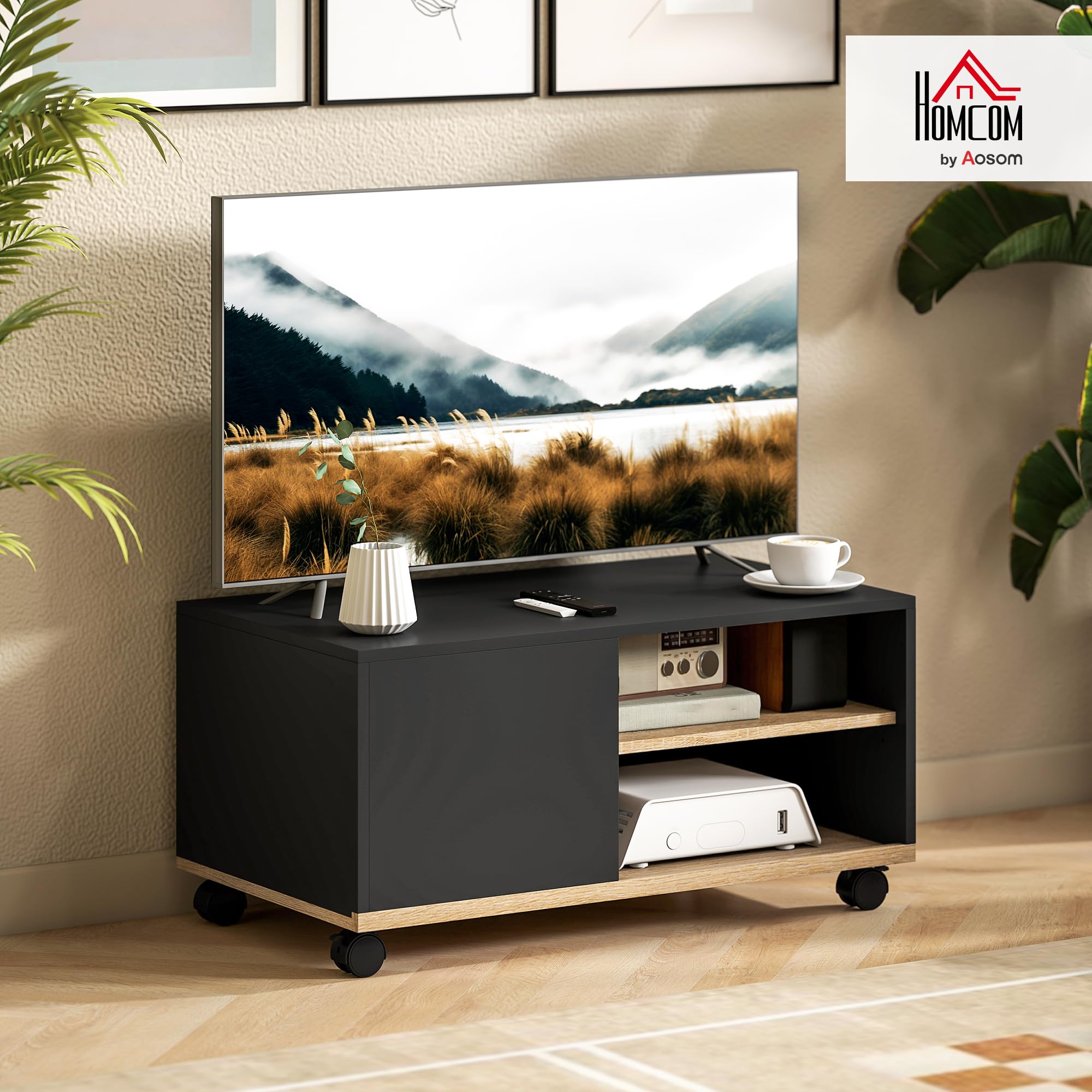 HOMCOM Meuble TV sur roulettes avec 2 Freins - 2 niches + Placard Porte 2 Passe-Fil - en Bois Noir chêne Clair