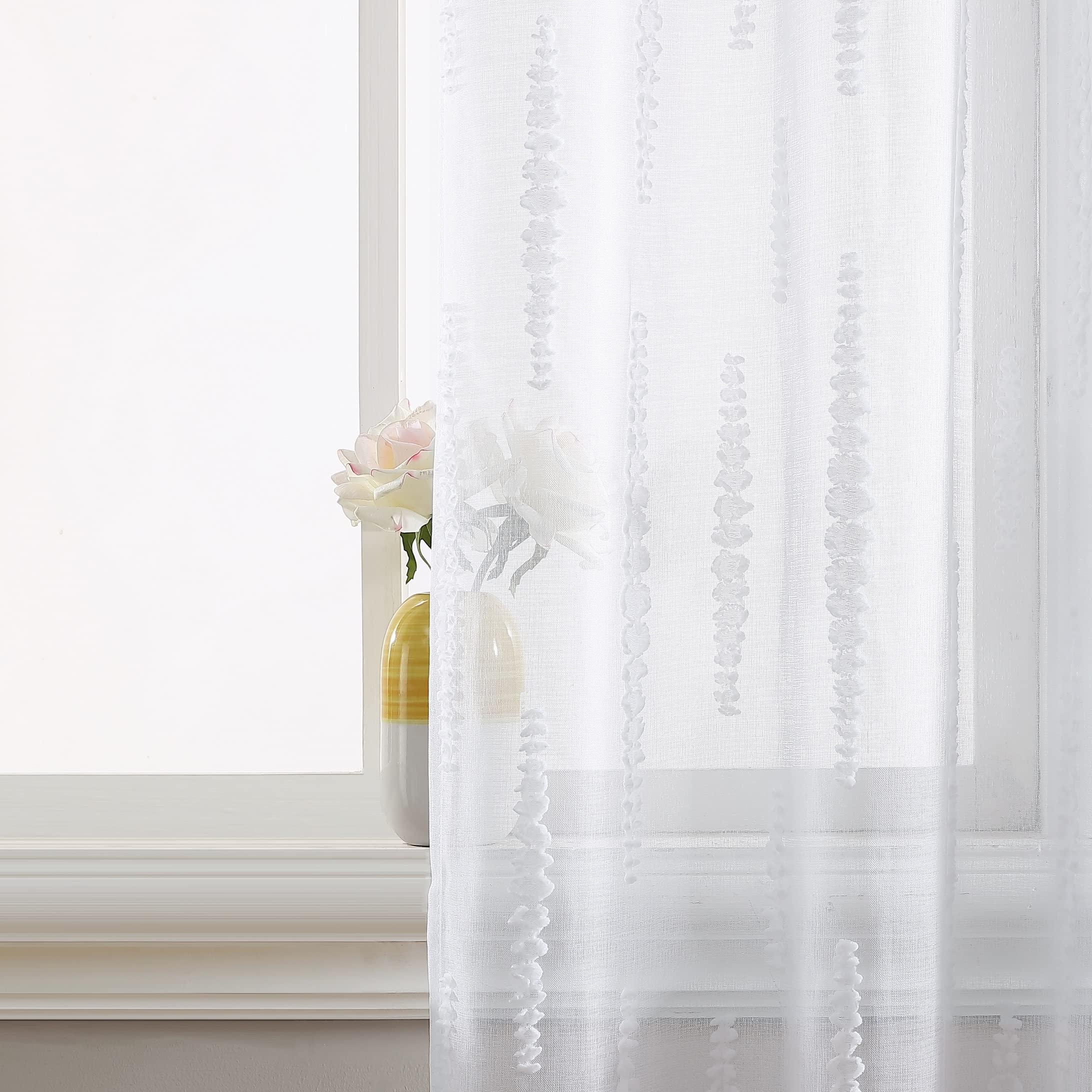 Laura Ashley Dash Sheer Curtains with Rod Pocket, Each Panel Measures 38" W x 84" L, White, 2 Panels