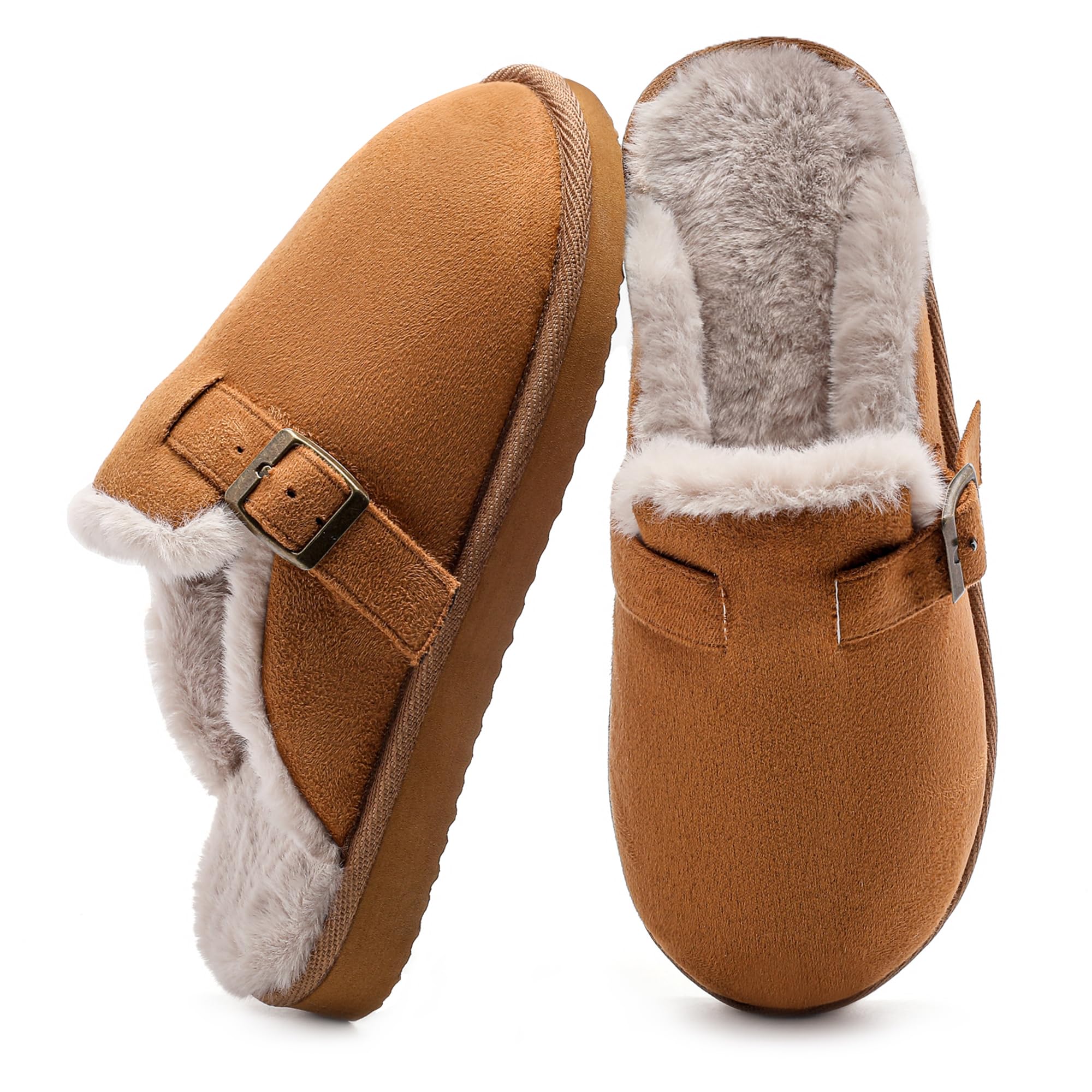 VANSARTO Women's Fuzzy Suede Slippers Faux Fur Memory Foam Scuff Slippers Warm Winter Slip-On House Shoes with Adjustable Buckle Indoor and Outdoor