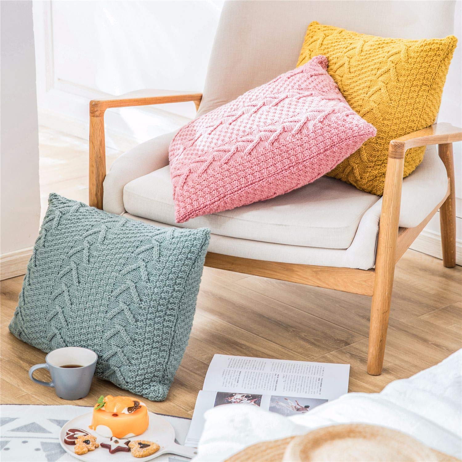 SWECOMZE Gestrickter Kissenüberzug Lendenkissen Wurfkissenbezug Dekorative Für Sofa Autos Wohnzimmer Schlafzimmer 45cm x 45cm (Weiß,2 Stücks)