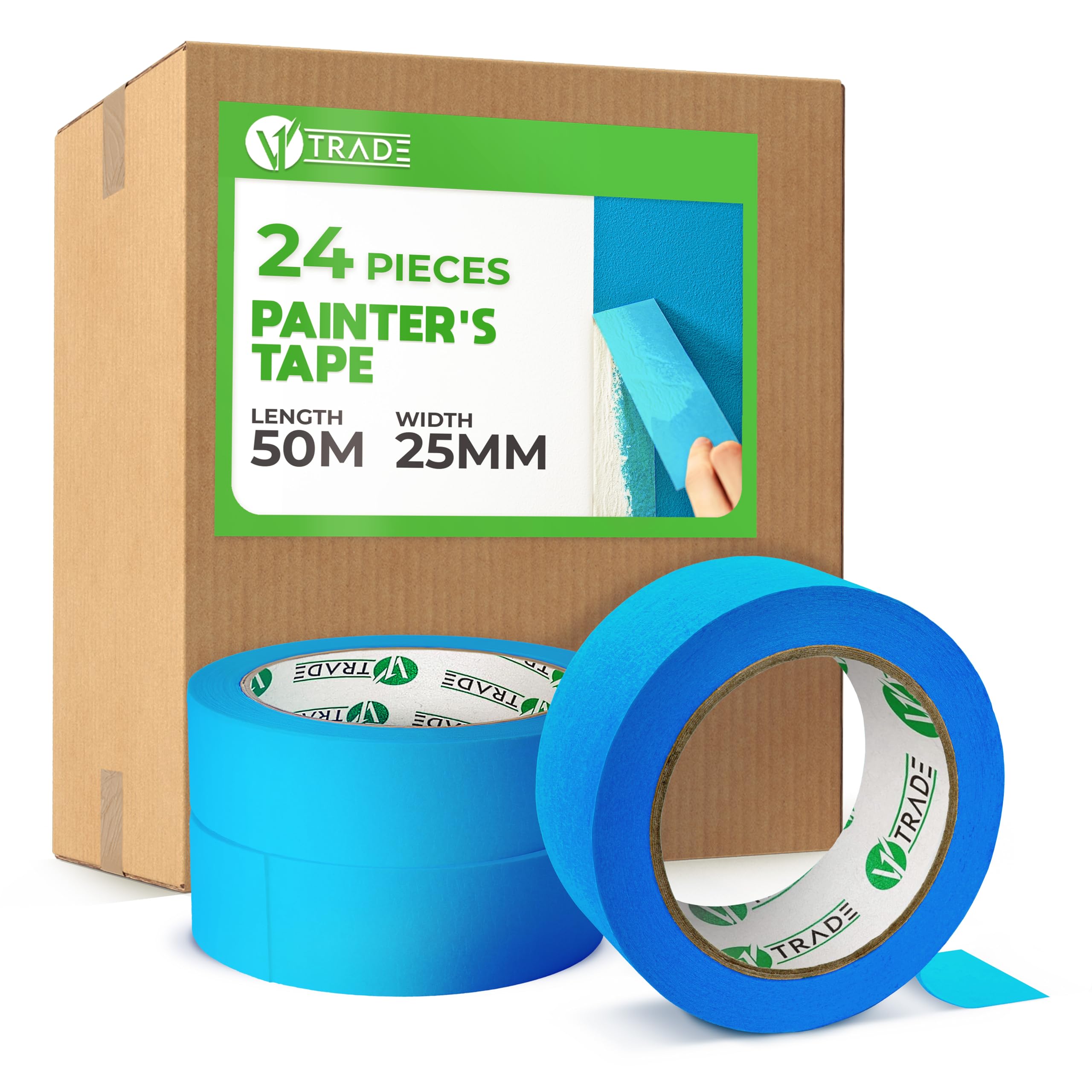 V1 TRADE Cinta adhesiva de 50 mm x 25 m, 24 unidades, universal, útil para pintar, fácil de quitar, cinta adhesiva de pintor, resistente al agua, color azul