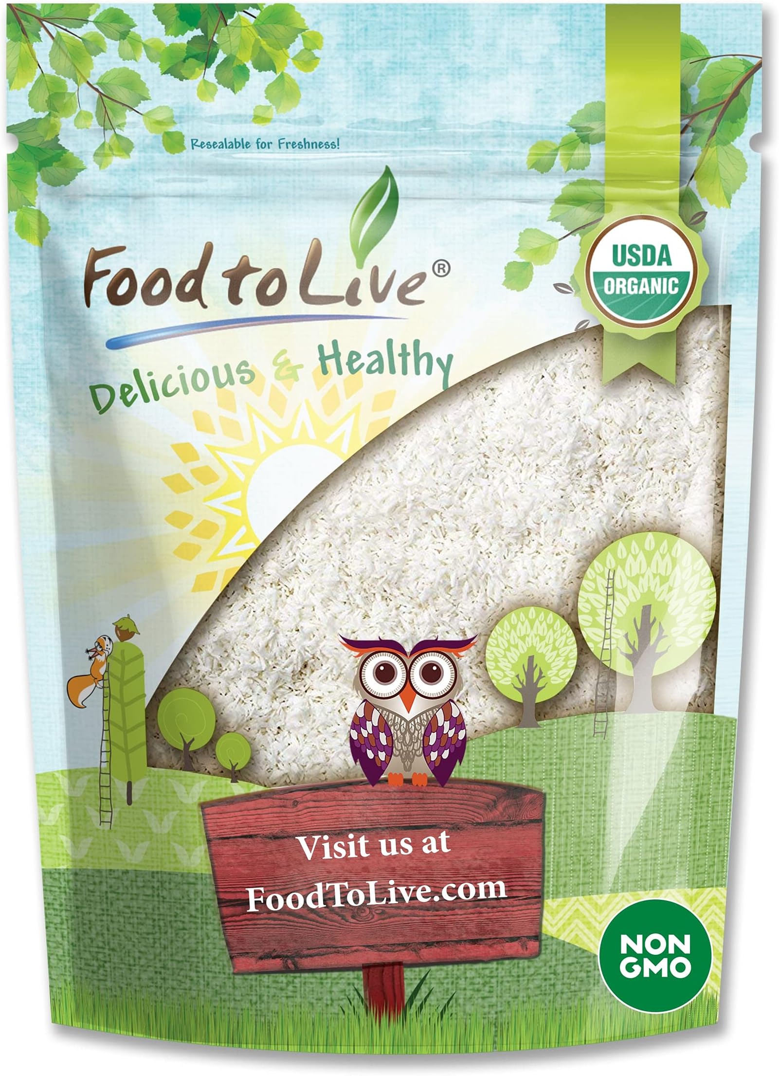 Food to Live Organic Shredded Coconut, 1 Pound Non-GMO, Unsweetened Flakes, Desiccated, Medium Shreds, Kosher, Vegan, Bulk