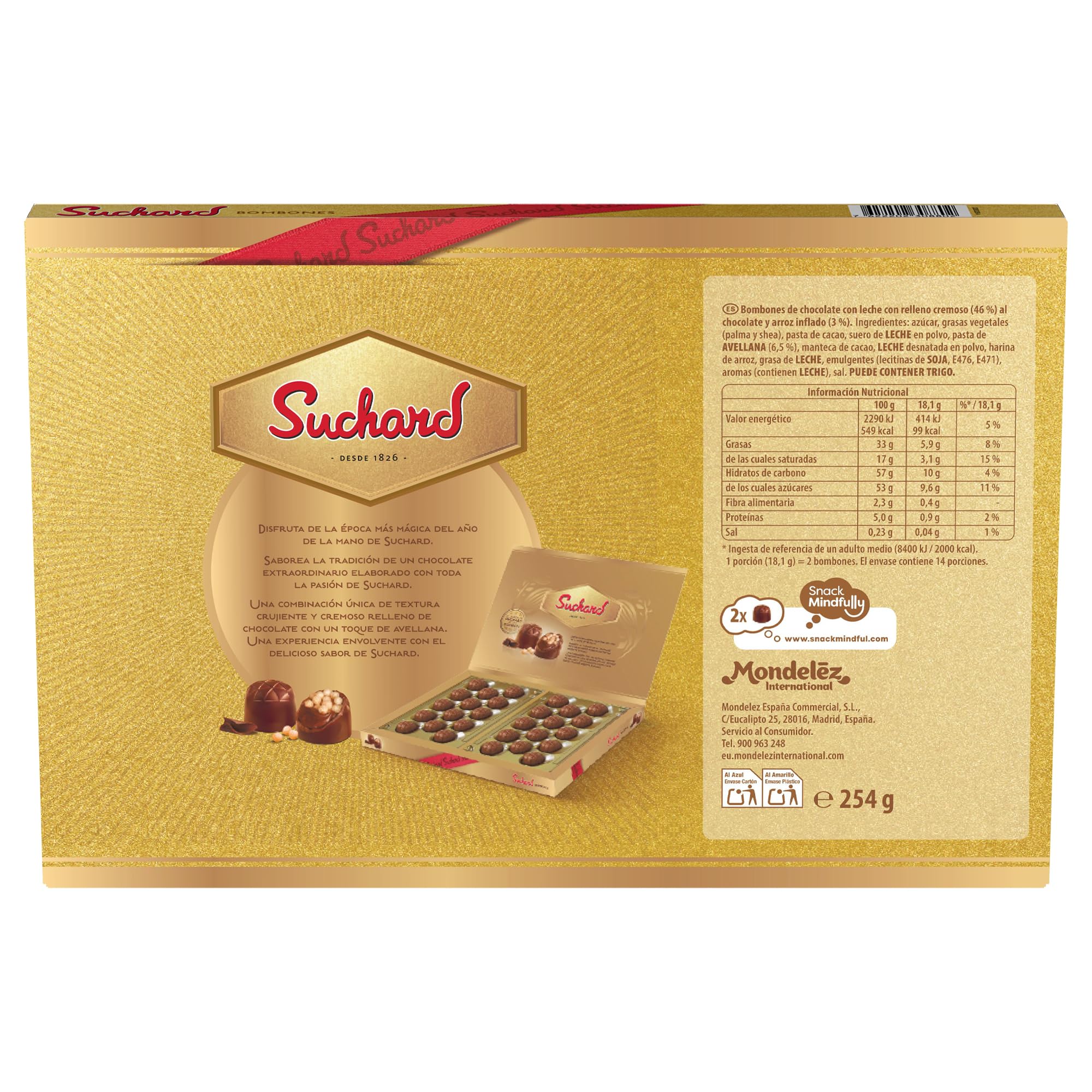Bombones Suchard, Delicisoso Chocolate con Leche y Arroz Inflado, Caja de 28 unidades - 254 g