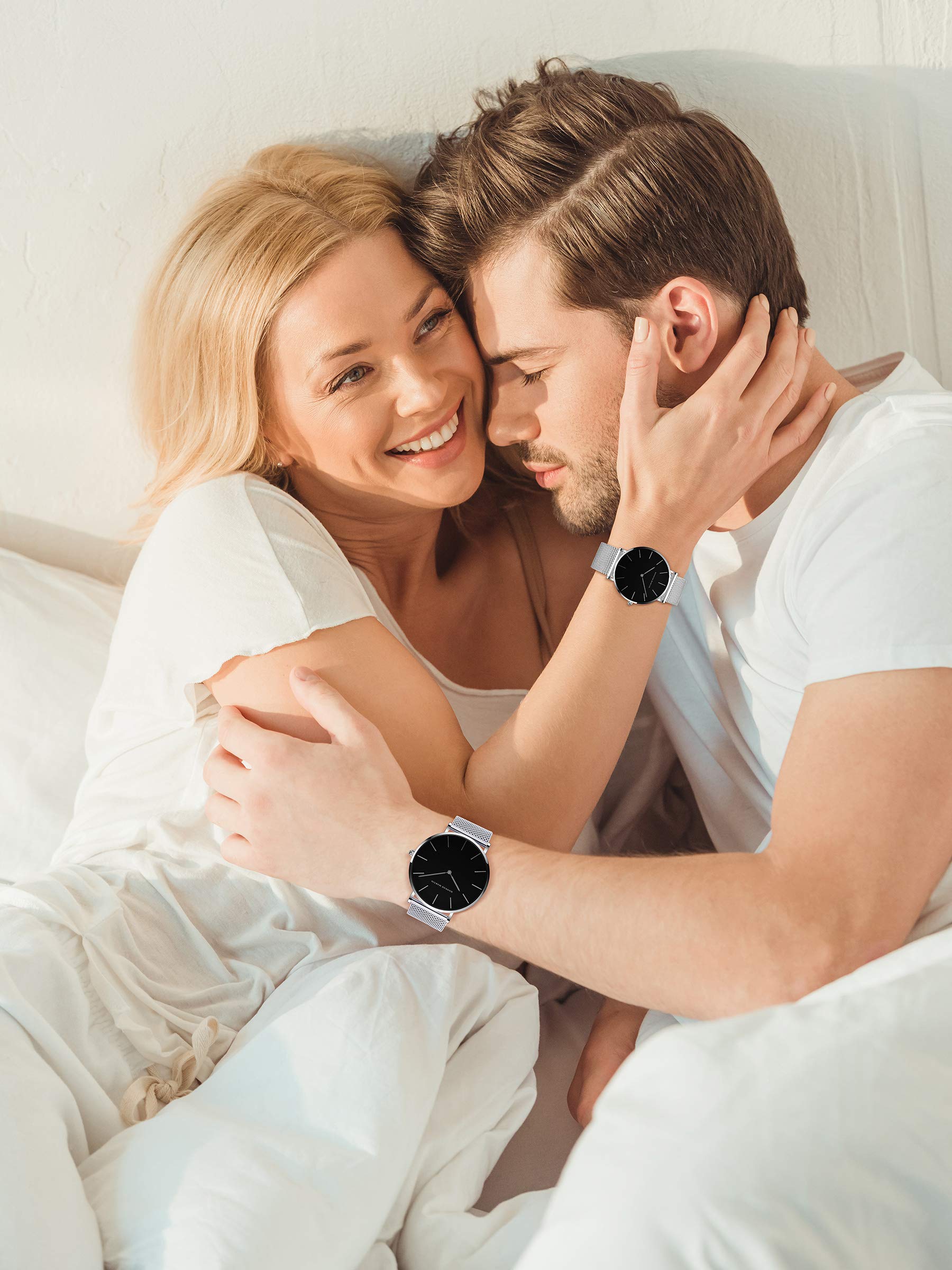 Paar Uhren Analog Quarz Edelstahl Wasserdicht Mesh Ultradünne Set für Sie und Ihn