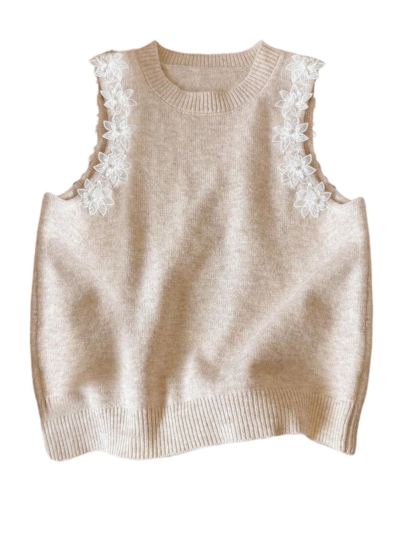 WDIRARA Womens 3D Floral Sweater Vests Crew Neck Sleeveless Pullover Knit Tank Tops